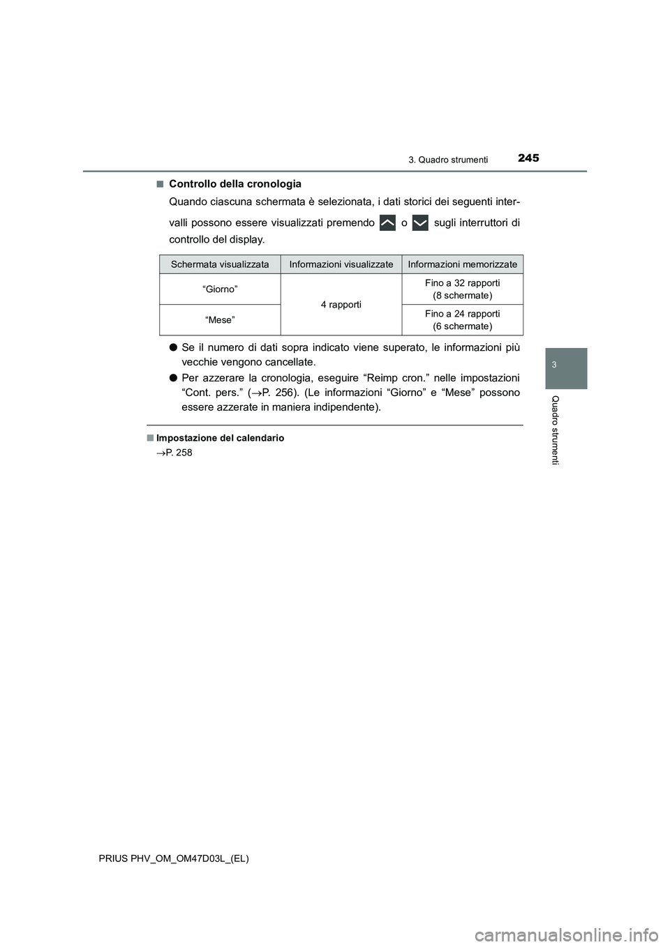 TOYOTA PRIUS PLUG-IN HYBRID 2018  Manuale duso (in Italian) 2453. Quadro strumenti
3
Quadro strumenti
PRIUS PHV_OM_OM47D03L_(EL)■
Controllo della cronologia
Quando ciascuna schermata è selezionata, i dati storici dei seguenti inter-
valli possono essere vis
