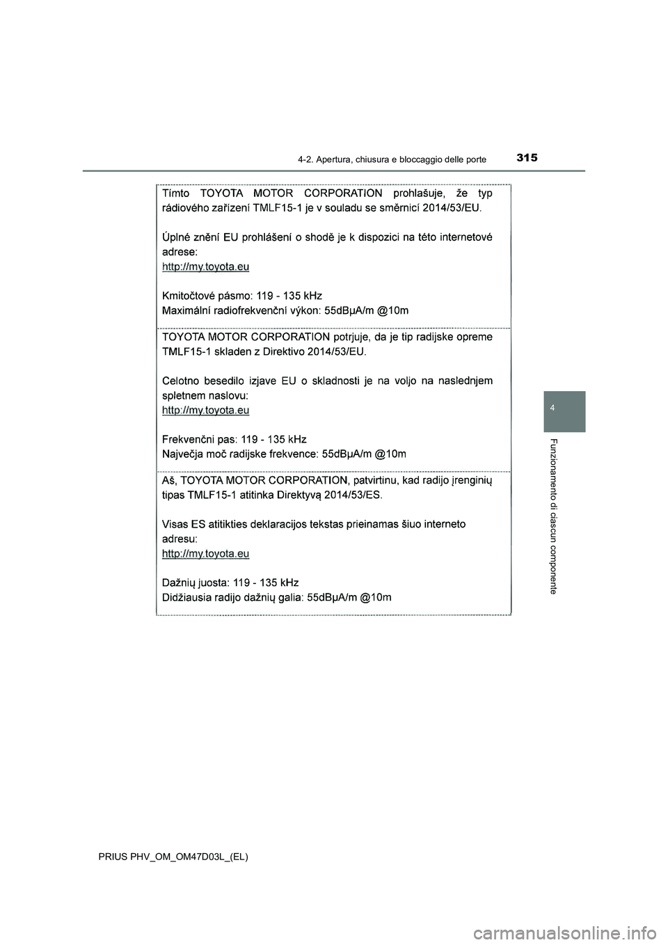 TOYOTA PRIUS PLUG-IN HYBRID 2018  Manuale duso (in Italian) 3154-2. Apertura, chiusura e bloccaggio delle porte
PRIUS PHV_OM_OM47D03L_(EL)
4
Funzionamento di ciascun componente 