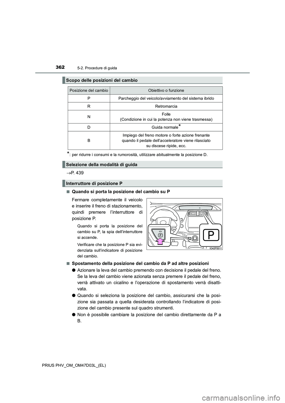 TOYOTA PRIUS PLUG-IN HYBRID 2018 Manuale duso (in Italian) 3625-2. Procedure di guida
PRIUS PHV_OM_OM47D03L_(EL)
*: per ridurre i consumi e la rumorosità, utilizzare abitualmente la posizione D.
P. 439
■Quando si porta la posizione del cambio su P
Ferma TOYOTA PRIUS PLUG-IN HYBRID 2018 Manuale duso (in Italian) 3625-2. Procedure di guida
PRIUS PHV_OM_OM47D03L_(EL)
*: per ridurre i consumi e la rumorosità, utilizzare abitualmente la posizione D.
P. 439
■Quando si porta la posizione del cambio su P
Ferma