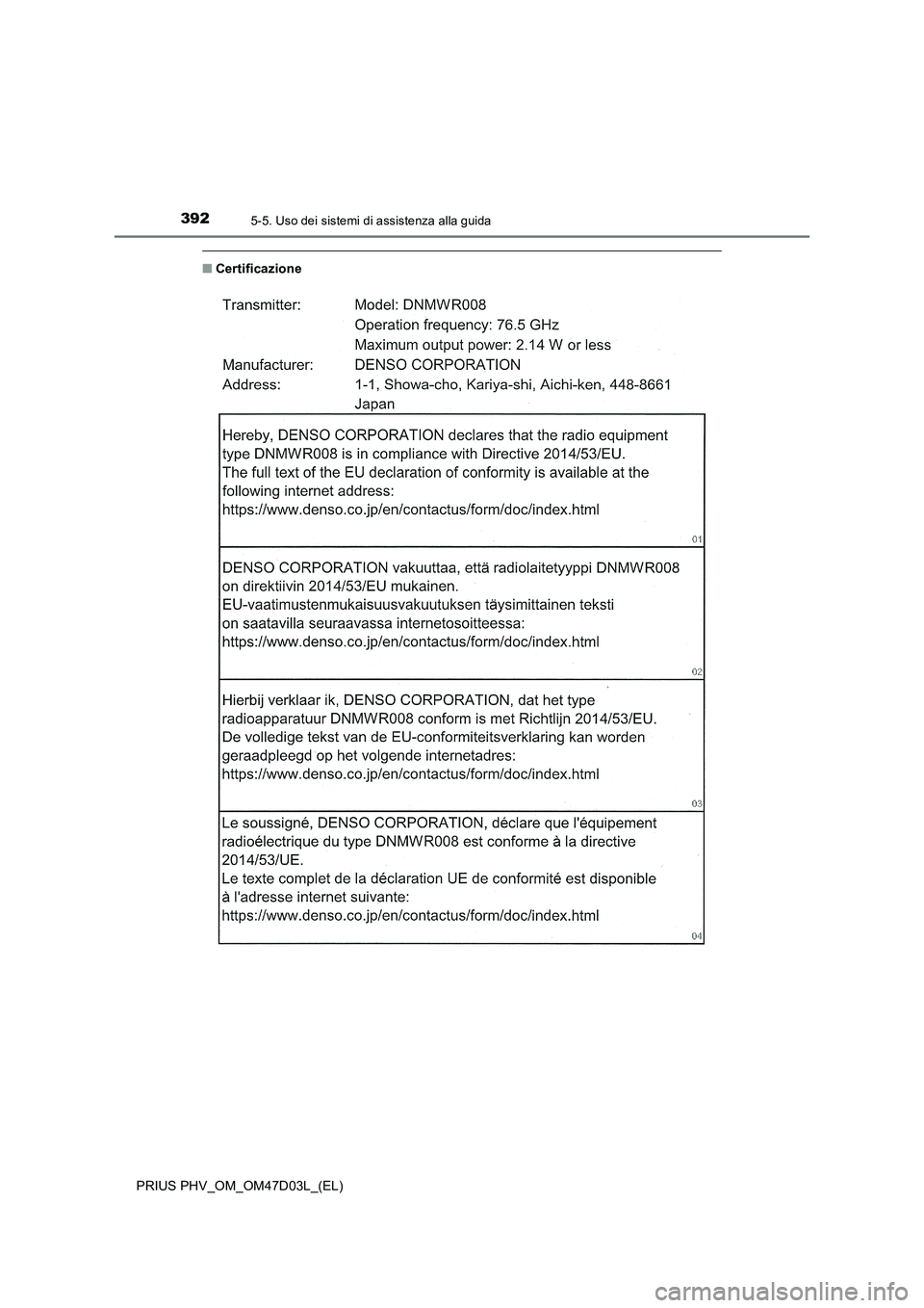 TOYOTA PRIUS PLUG-IN HYBRID 2018  Manuale duso (in Italian) 3925-5. Uso dei sistemi di assistenza alla guida
PRIUS PHV_OM_OM47D03L_(EL)
■Certificazione 