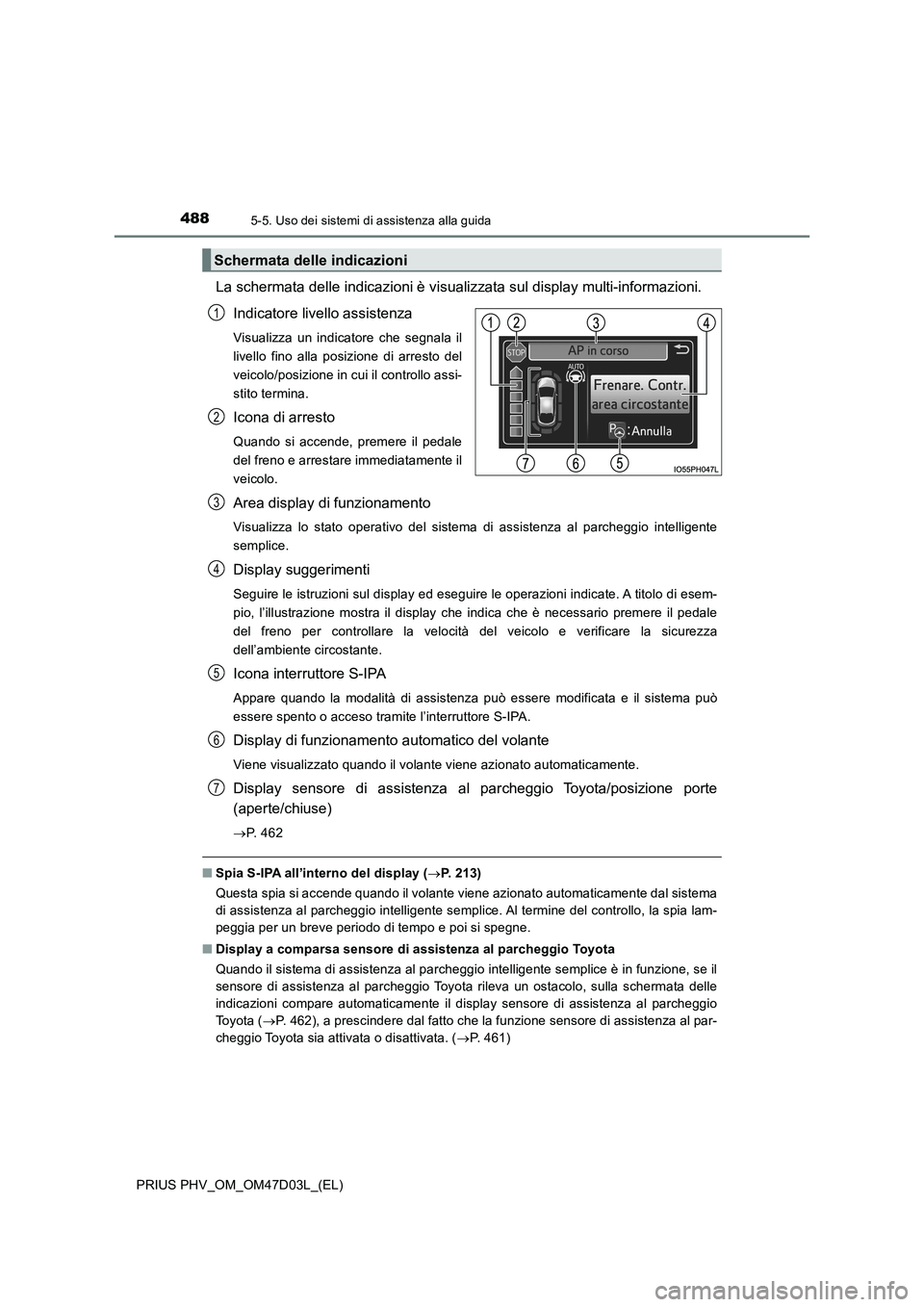 TOYOTA PRIUS PLUG-IN HYBRID 2018  Manuale duso (in Italian) 4885-5. Uso dei sistemi di assistenza alla guida
PRIUS PHV_OM_OM47D03L_(EL)
La schermata delle indicazioni è visualizzata sul display multi-informazioni.
Indicatore livello assistenza
Visualizza un i