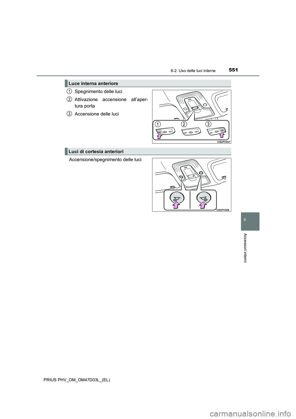 TOYOTA PRIUS PLUG-IN HYBRID 2018  Manuale duso (in Italian) 5516-2. Uso delle luci interne
PRIUS PHV_OM_OM47D03L_(EL)
6
Accessori interni
Spegnimento delle luci
Attivazione accensione all’aper-
tura porta
Accensione delle luci
Accensione/spegnimento delle lu