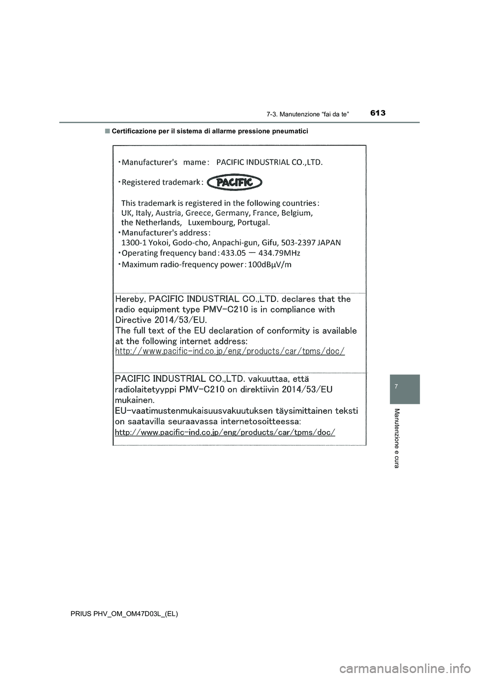 TOYOTA PRIUS PLUG-IN HYBRID 2018  Manuale duso (in Italian) 6137-3. Manutenzione “fai da te”
PRIUS PHV_OM_OM47D03L_(EL)
7
Manutenzione e cura
■Certificazione per il sistema di allarme pressione pneumatici 