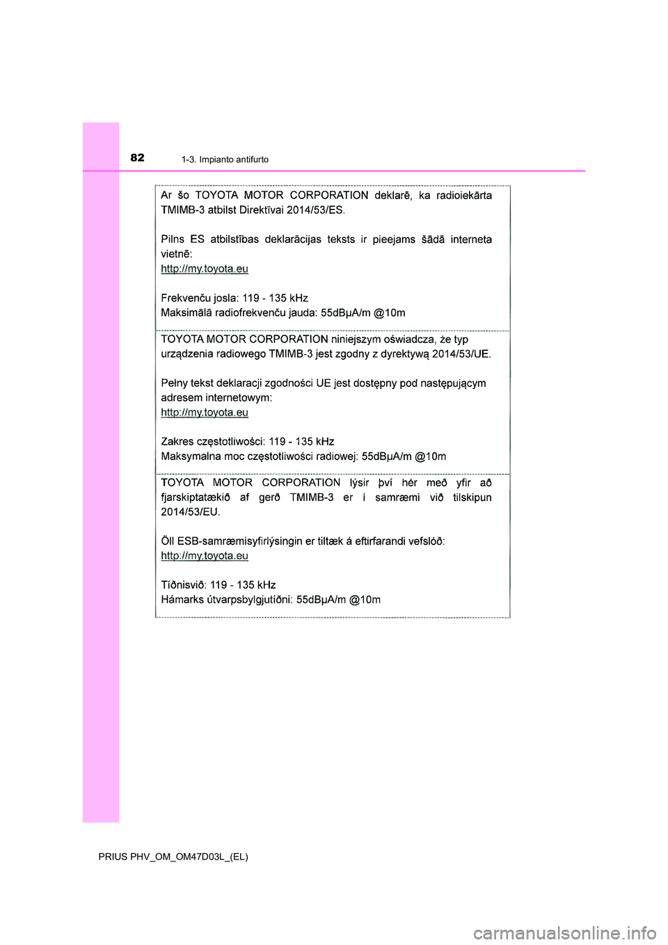 TOYOTA PRIUS PLUG-IN HYBRID 2018  Manuale duso (in Italian) 821-3. Impianto antifurto
PRIUS PHV_OM_OM47D03L_(EL) 