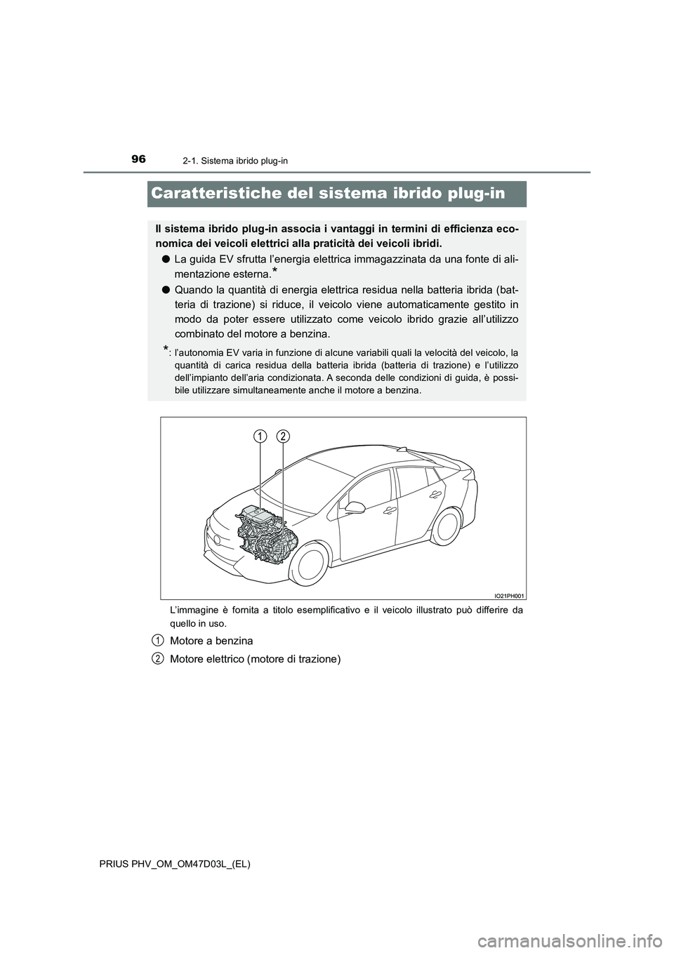 TOYOTA PRIUS PLUG-IN HYBRID 2018  Manuale duso (in Italian) 962-1. Sistema ibrido plug-in
PRIUS PHV_OM_OM47D03L_(EL)
Caratteristiche del sistema ibrido plug-in
L’immagine è fornita a titolo esemplificativo e il veicolo illustrato può differire da 
quello i