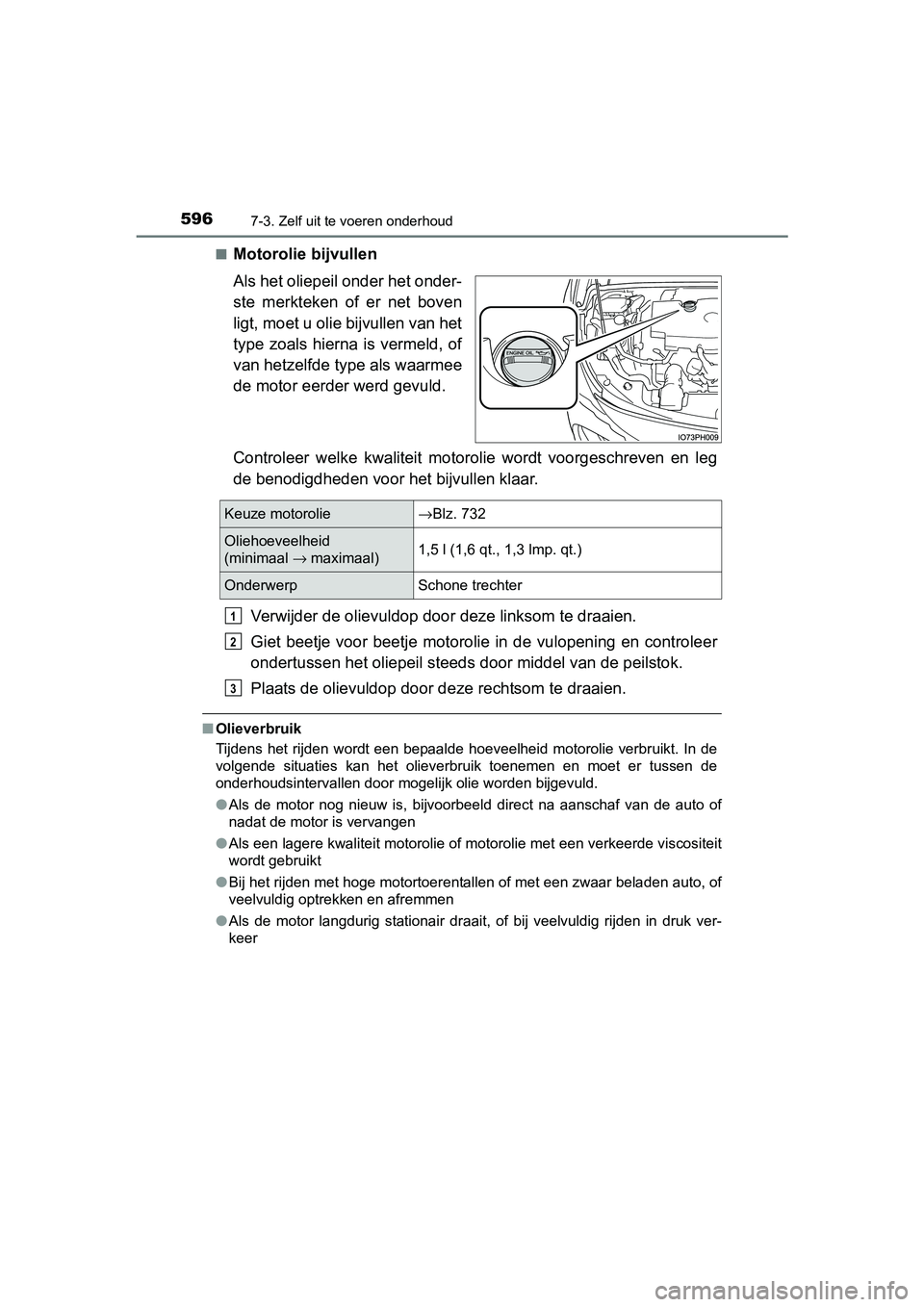 TOYOTA PRIUS PLUG-IN HYBRID 2018  Instructieboekje (in Dutch) 5967-3. Zelf uit te voeren onderhoud
PRIUS PHV_OM_OM47C18E_(EE)■
Motorolie bijvullen
Als het oliepeil onder het onder-
ste  merkteken  of  er  net  boven
ligt, moet u olie bijvullen van het
type  zo