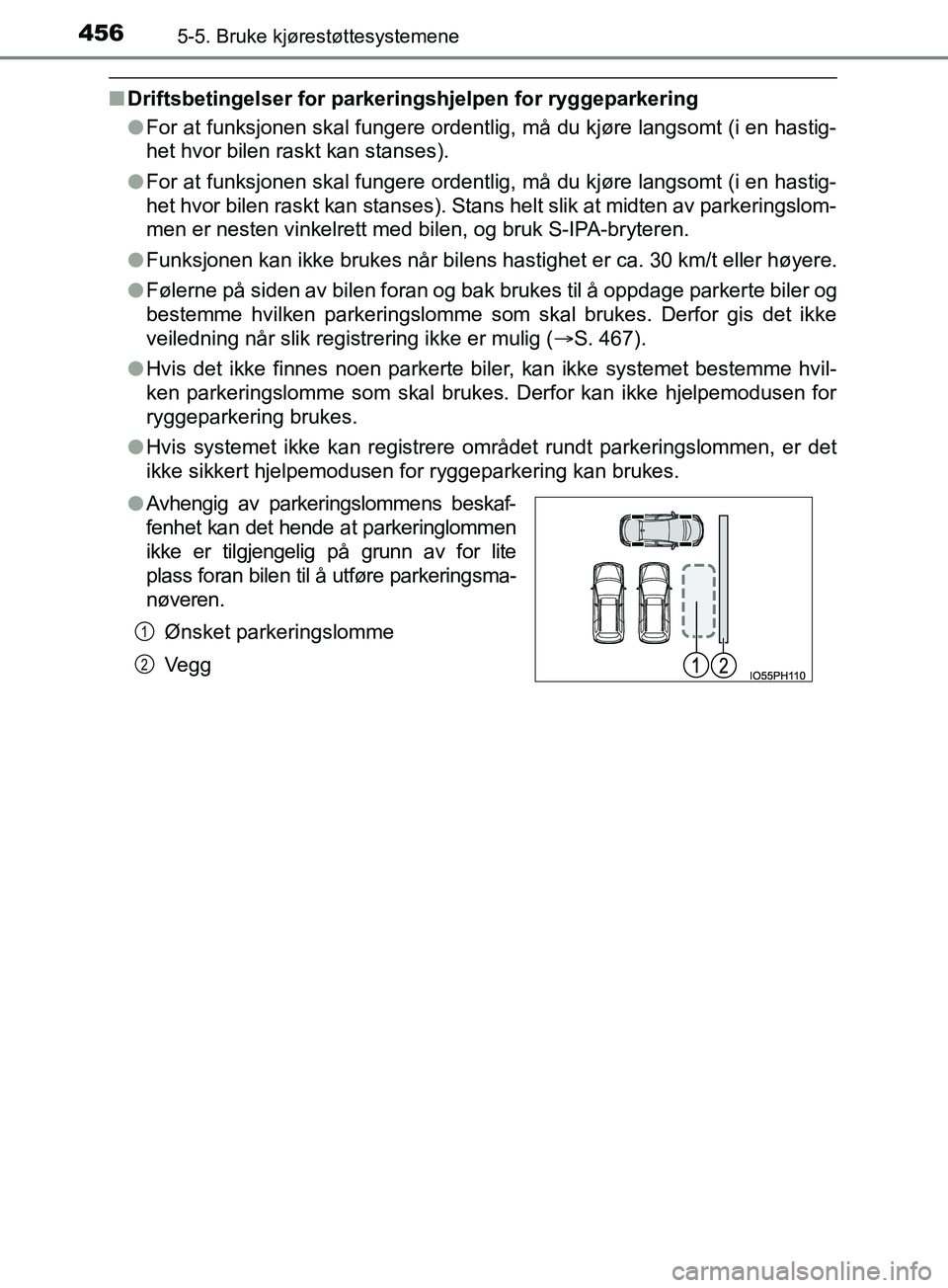 TOYOTA PRIUS PLUG-IN HYBRID 2018  Instruksjoner for bruk (in Norwegian) 4565-5. Bruke kjørestøttesystemene
OM47C99NO
nDriftsbetingelser for parkeringshjelpen for ryggeparkering
lFor at funksjonen skal fungere ordentlig, må du kjøre langsomt (i en hastig-
het hvor bile
