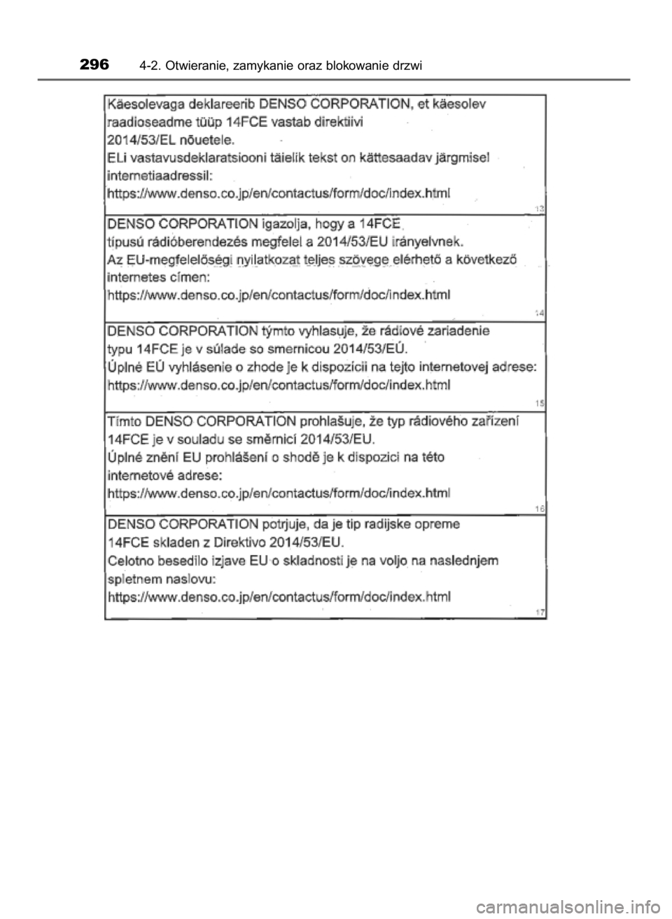 TOYOTA PRIUS PLUG-IN HYBRID 2018  Instrukcja obsługi (in Polish) 2964-2. Otwieranie, zamykanie oraz blokowanie drzwi
32 Prius Plug_in OM47C99E  4/7/18  12:25  Page 296    (Black plate) 