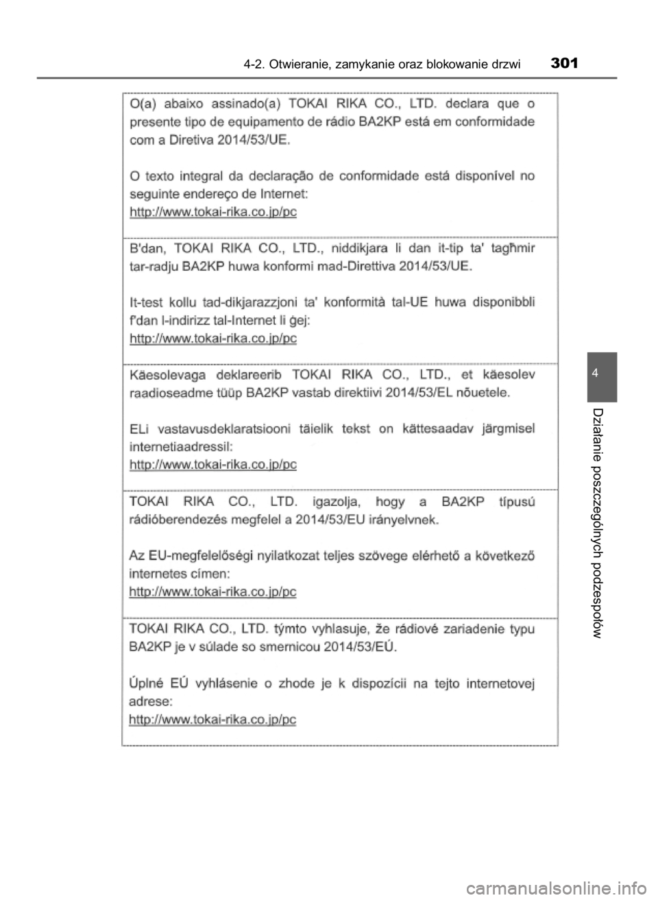 TOYOTA PRIUS PLUG-IN HYBRID 2018  Instrukcja obsługi (in Polish) 4-2. Otwieranie, zamykanie oraz blokowanie drzwi301
4
Dzia∏anie poszczególnych podzespo∏ów
32 Prius Plug_in OM47C99E  4/7/18  12:25  Page 301    (Black plate) 
