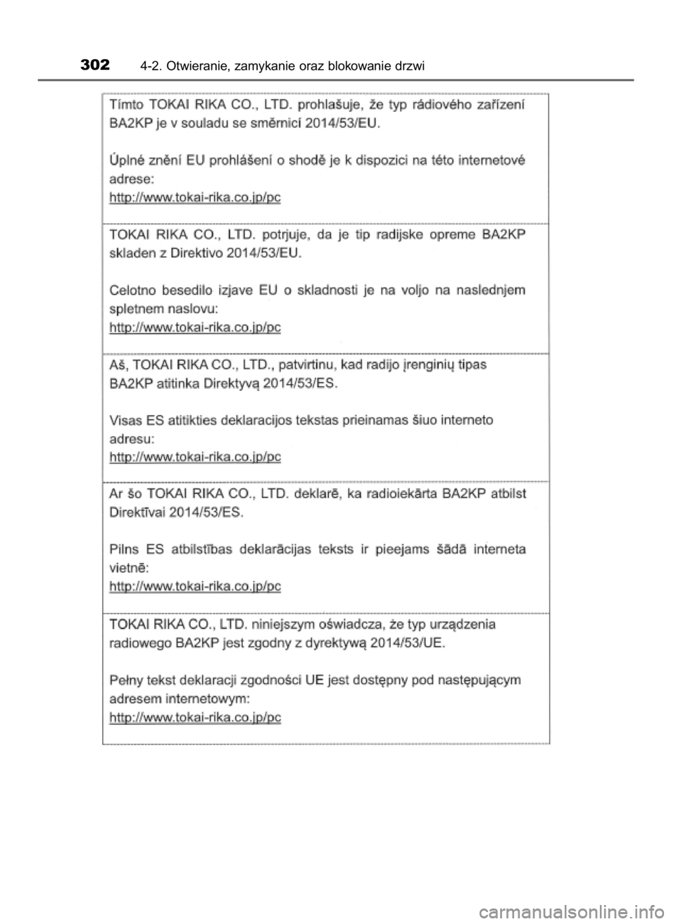 TOYOTA PRIUS PLUG-IN HYBRID 2018  Instrukcja obsługi (in Polish) 3024-2. Otwieranie, zamykanie oraz blokowanie drzwi
32 Prius Plug_in OM47C99E  4/7/18  12:26  Page 302    (Black plate) 