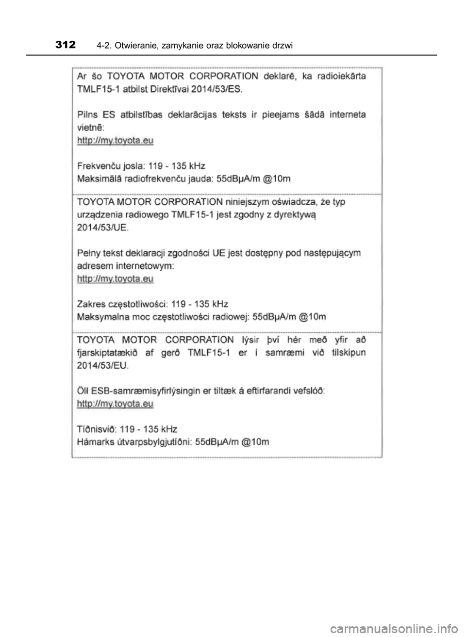 TOYOTA PRIUS PLUG-IN HYBRID 2018  Instrukcja obsługi (in Polish) 3124-2. Otwieranie, zamykanie oraz blokowanie drzwi
32 Prius Plug_in OM47C99E  4/7/18  12:26  Page 312    (Black plate) 