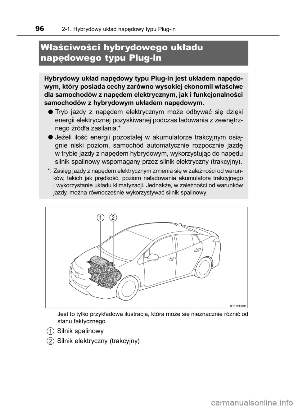 TOYOTA PRIUS PLUG-IN HYBRID 2018 Instrukcja obsługi (in Polish) Jest to tylko przyk∏adowa ilustracja, która mo˝e si´ nieznacznie ró˝niç od
stanu faktycznego.
Silnik spalinowy
Silnik elektryczny (trakcyjny)
962-1. Hybrydowy uk∏ad nap´dowy typu Plug-in
W TOYOTA PRIUS PLUG-IN HYBRID 2018 Instrukcja obsługi (in Polish) Jest to tylko przyk∏adowa ilustracja, która mo˝e si´ nieznacznie ró˝niç od
stanu faktycznego.
Silnik spalinowy
Silnik elektryczny (trakcyjny)
962-1. Hybrydowy uk∏ad nap´dowy typu Plug-in
W
