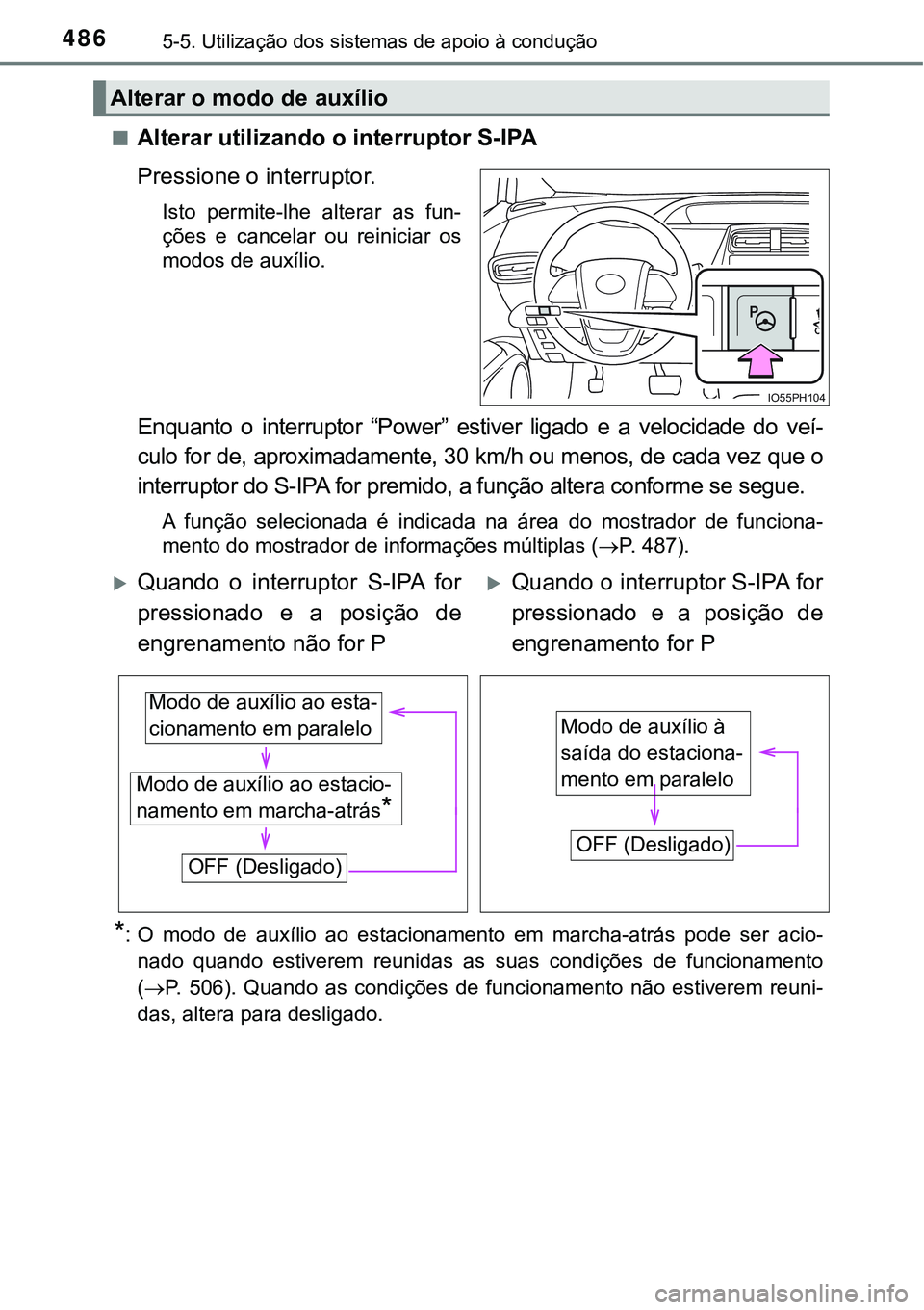 TOYOTA PRIUS PLUG-IN HYBRID 2018  Manual de utilização (in Portuguese) 4865-5. Utilização dos sistemas de apoio à condução
nAlterar utilizando o interruptor S-IPA
Pressione o interruptor.
Isto  permite-lhe  alterar  as  fun-
ções  e  cancelar  ou  reiniciar  os
mo