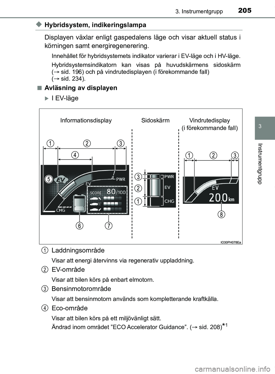 TOYOTA PRIUS PLUG-IN HYBRID 2018  Bruksanvisningar (in Swedish) 2053. Instrumentgrupp
3
Instrumentgrupp
OM47C99SE
uHybridsystem, indikeringslampa
Displayen växlar enligt gaspedalens läge och visar aktuell status i
körningen samt energiregenerering.
Innehållet 
