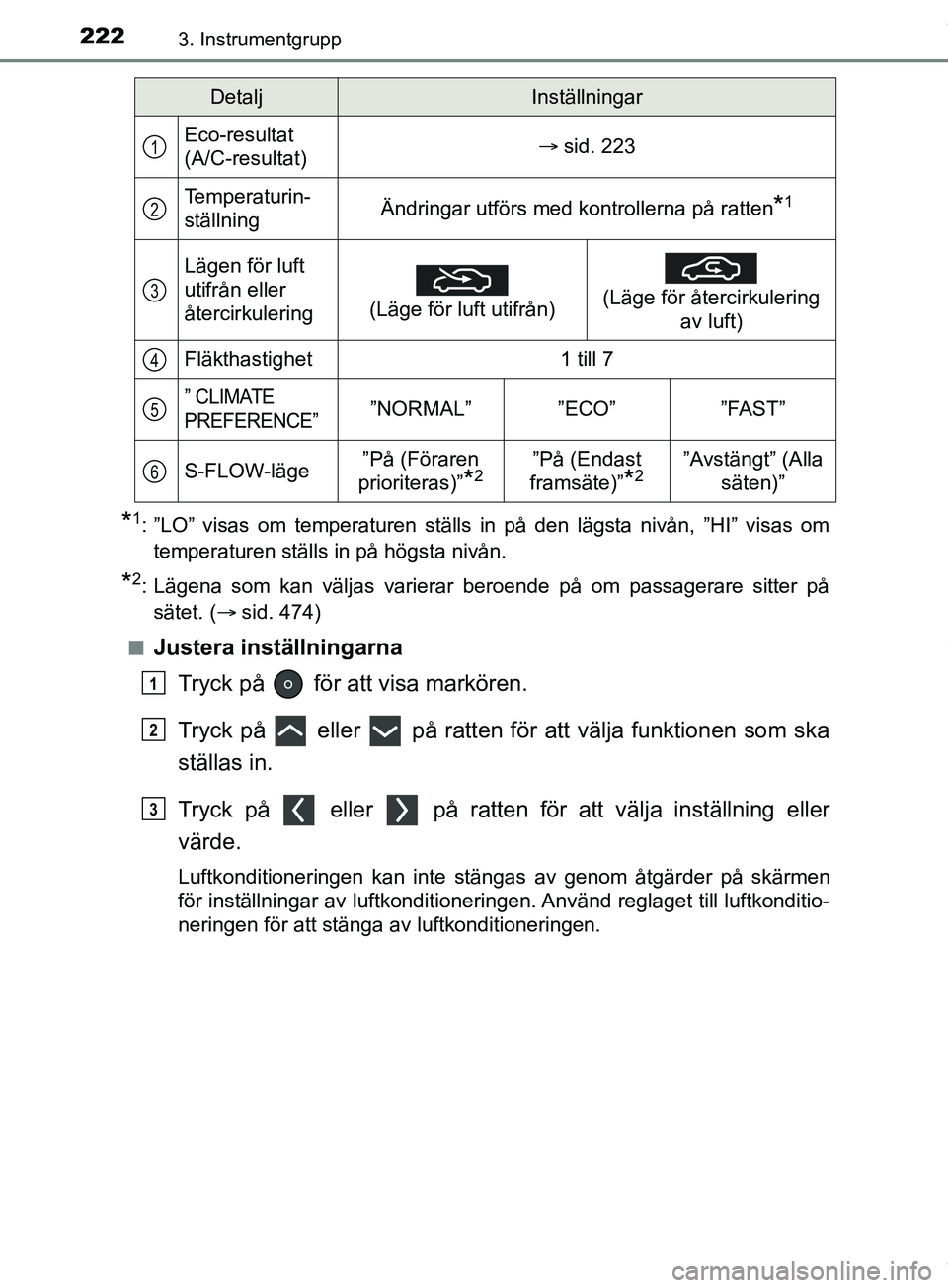 TOYOTA PRIUS PLUG-IN HYBRID 2018 Bruksanvisningar (in Swedish) 2223. Instrumentgrupp
OM47C99SE
*1: ”LO” visas om temperaturen ställs in på den lägsta nivån, ”HI” visas omtemperaturen ställs in på högsta nivån.
*2: Lägena som kan väljas varierar TOYOTA PRIUS PLUG-IN HYBRID 2018 Bruksanvisningar (in Swedish) 2223. Instrumentgrupp
OM47C99SE
*1: ”LO” visas om temperaturen ställs in på den lägsta nivån, ”HI” visas omtemperaturen ställs in på högsta nivån.
*2: Lägena som kan väljas varierar