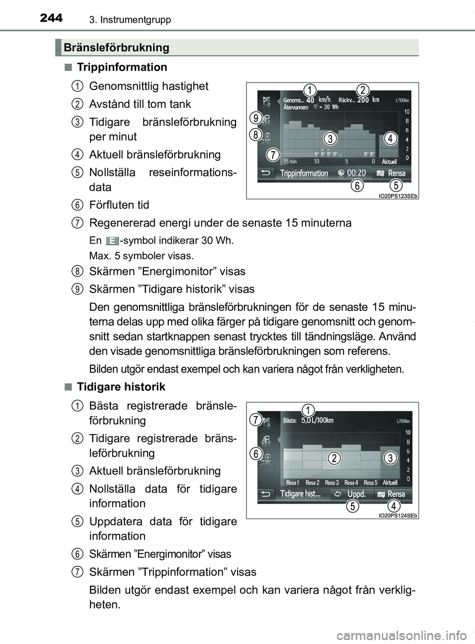 TOYOTA PRIUS PLUG-IN HYBRID 2018 Bruksanvisningar (in Swedish) 2443. Instrumentgrupp
OM47C99SEn
Trippinformation
Genomsnittlig hastighet
Avstånd till tom tank
Tidigare bränsleförbrukning
per minut
Aktuell bränsleförbrukning
Nollställa reseinformations-
data TOYOTA PRIUS PLUG-IN HYBRID 2018 Bruksanvisningar (in Swedish) 2443. Instrumentgrupp
OM47C99SEn
Trippinformation
Genomsnittlig hastighet
Avstånd till tom tank
Tidigare bränsleförbrukning
per minut
Aktuell bränsleförbrukning
Nollställa reseinformations-
data