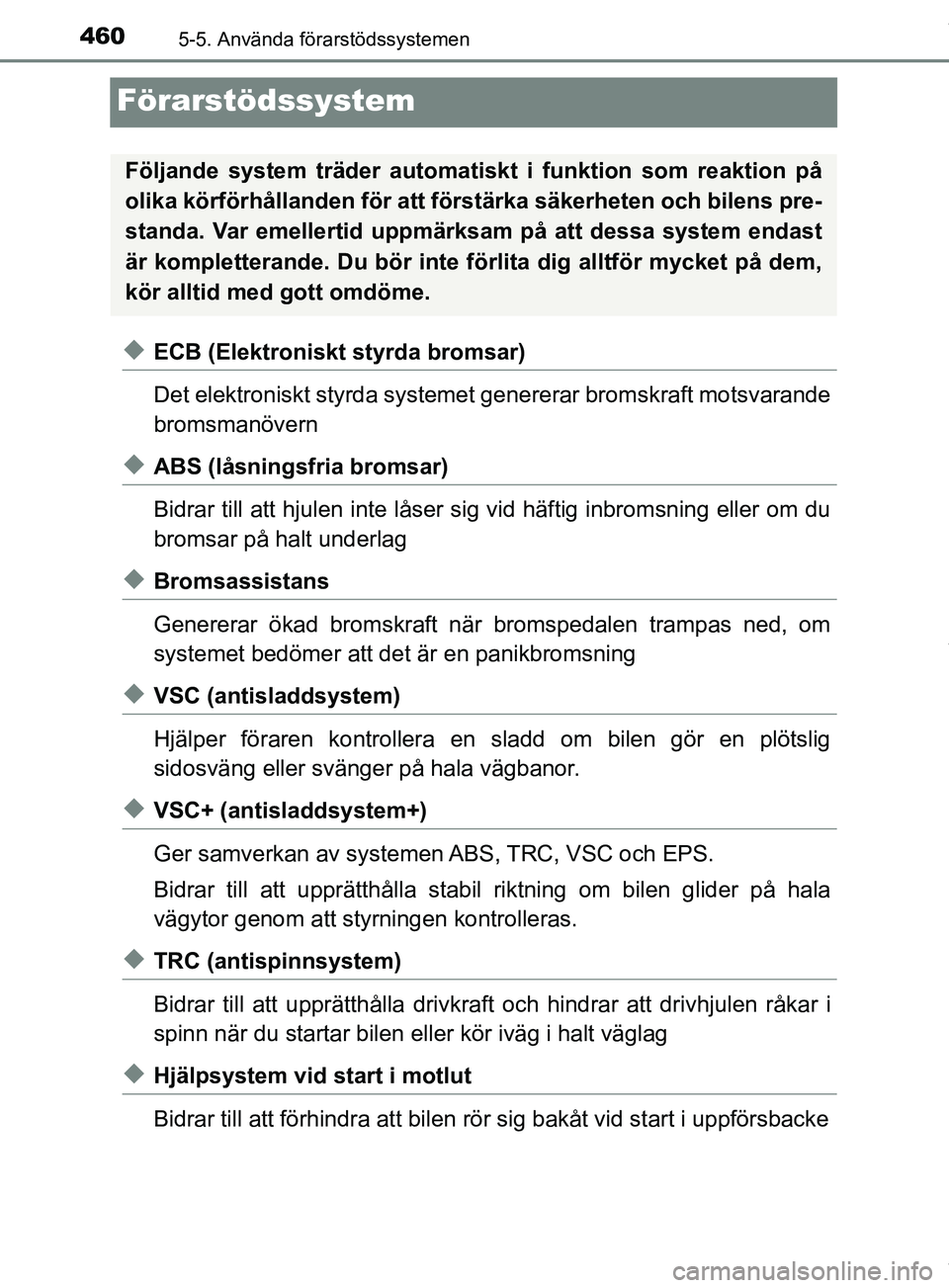 TOYOTA PRIUS PLUG-IN HYBRID 2018 Bruksanvisningar (in Swedish) 4605-5. Använda förarstödssystemen
OM47C99SE
Förarstödssystem
uECB (Elektroniskt styrda bromsar)
Det elektroniskt styrda systemet genererar bromskraft motsvarande
bromsmanövern
uABS (låsningsfr TOYOTA PRIUS PLUG-IN HYBRID 2018 Bruksanvisningar (in Swedish) 4605-5. Använda förarstödssystemen
OM47C99SE
Förarstödssystem
uECB (Elektroniskt styrda bromsar)
Det elektroniskt styrda systemet genererar bromskraft motsvarande
bromsmanövern
uABS (låsningsfr