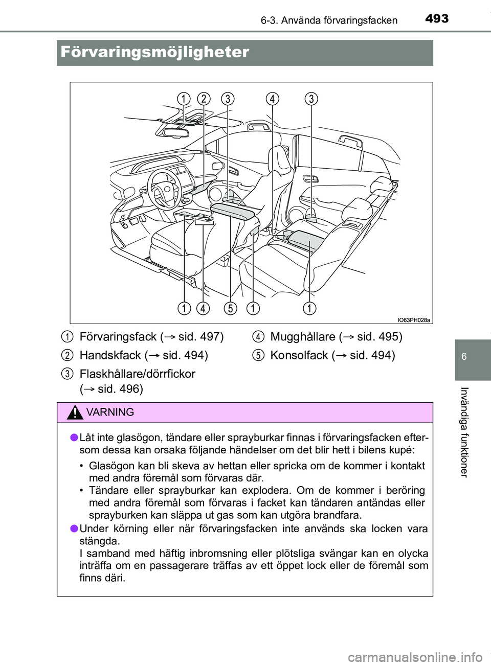 TOYOTA PRIUS PLUG-IN HYBRID 2018 Bruksanvisningar (in Swedish) 4936-3. Använda förvaringsfacken
OM47C99SE
6
Invändiga funktioner
Förvaringsmöjligheter
Förvaringsfack (sid. 497)
Handskfack ( sid. 494)
Flaskhållare/dörrfickor
( sid. 496) Mugghål TOYOTA PRIUS PLUG-IN HYBRID 2018 Bruksanvisningar (in Swedish) 4936-3. Använda förvaringsfacken
OM47C99SE
6
Invändiga funktioner
Förvaringsmöjligheter
Förvaringsfack (sid. 497)
Handskfack ( sid. 494)
Flaskhållare/dörrfickor
( sid. 496) Mugghål