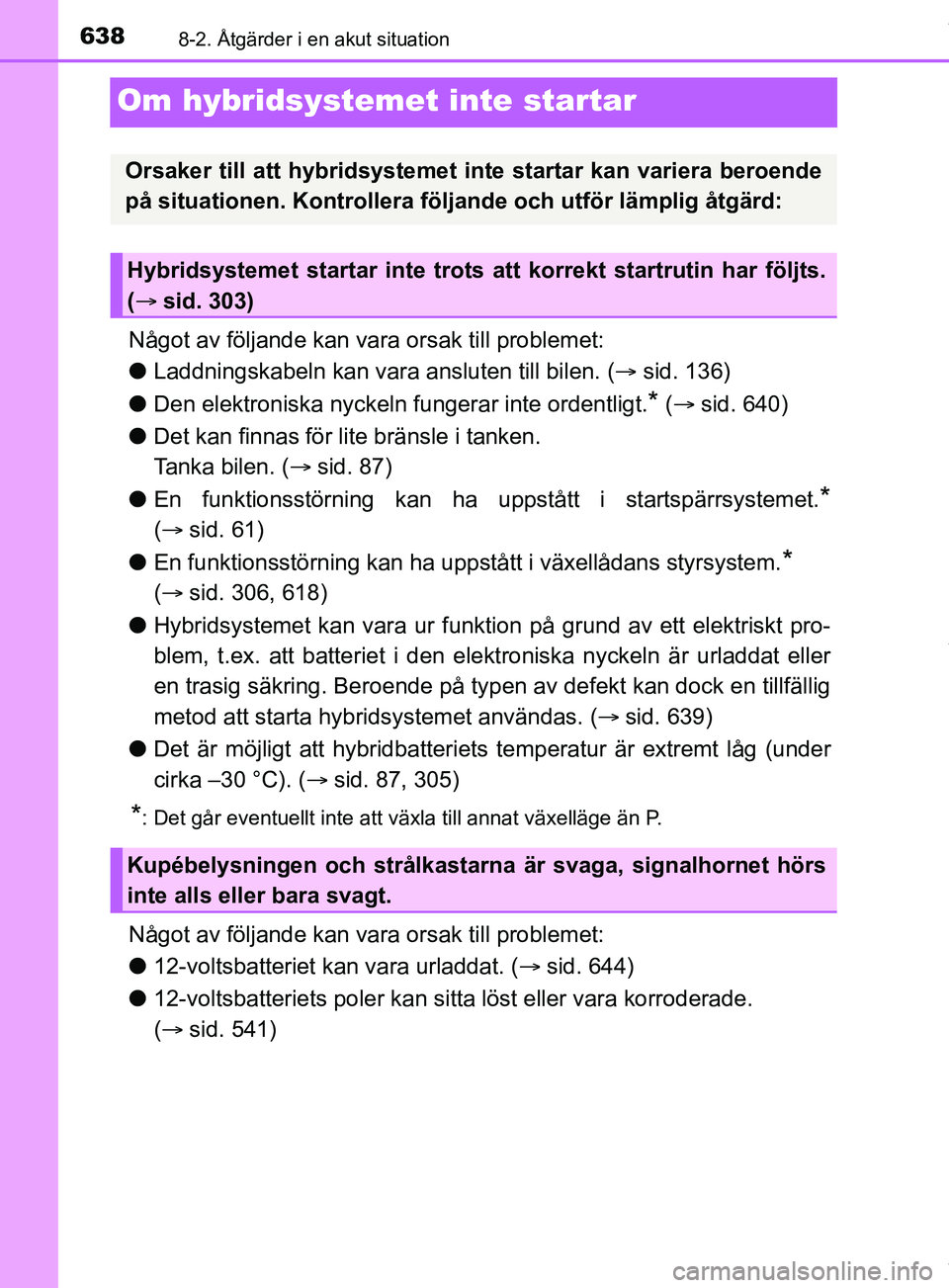 TOYOTA PRIUS PLUG-IN HYBRID 2018 Bruksanvisningar (in Swedish) 6388-2. Åtgärder i en akut situation
OM47C99SE
Om hybridsystemet inte startar
Något av följande kan vara orsak till problemet:
l Laddningskabeln kan vara ansluten till bilen. ( sid. 136)
l Den TOYOTA PRIUS PLUG-IN HYBRID 2018 Bruksanvisningar (in Swedish) 6388-2. Åtgärder i en akut situation
OM47C99SE
Om hybridsystemet inte startar
Något av följande kan vara orsak till problemet:
l Laddningskabeln kan vara ansluten till bilen. ( sid. 136)
l Den