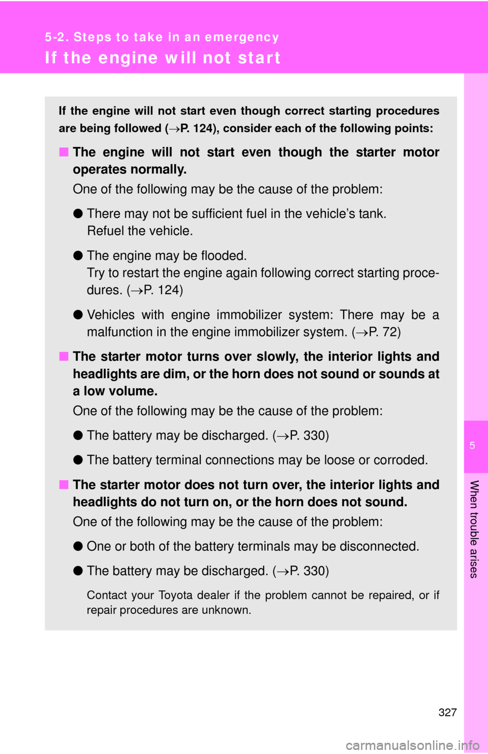 TOYOTA YARIS 2013 3.G Owners Manual 5
When trouble arises
327
5-2. Steps to take in an emergency
If the engine will not star t
If the engine will not start even though correct starting procedures
are being followed ( P. 124), conside TOYOTA YARIS 2013 3.G Owners Manual 5
When trouble arises
327
5-2. Steps to take in an emergency
If the engine will not star t
If the engine will not start even though correct starting procedures
are being followed ( P. 124), conside