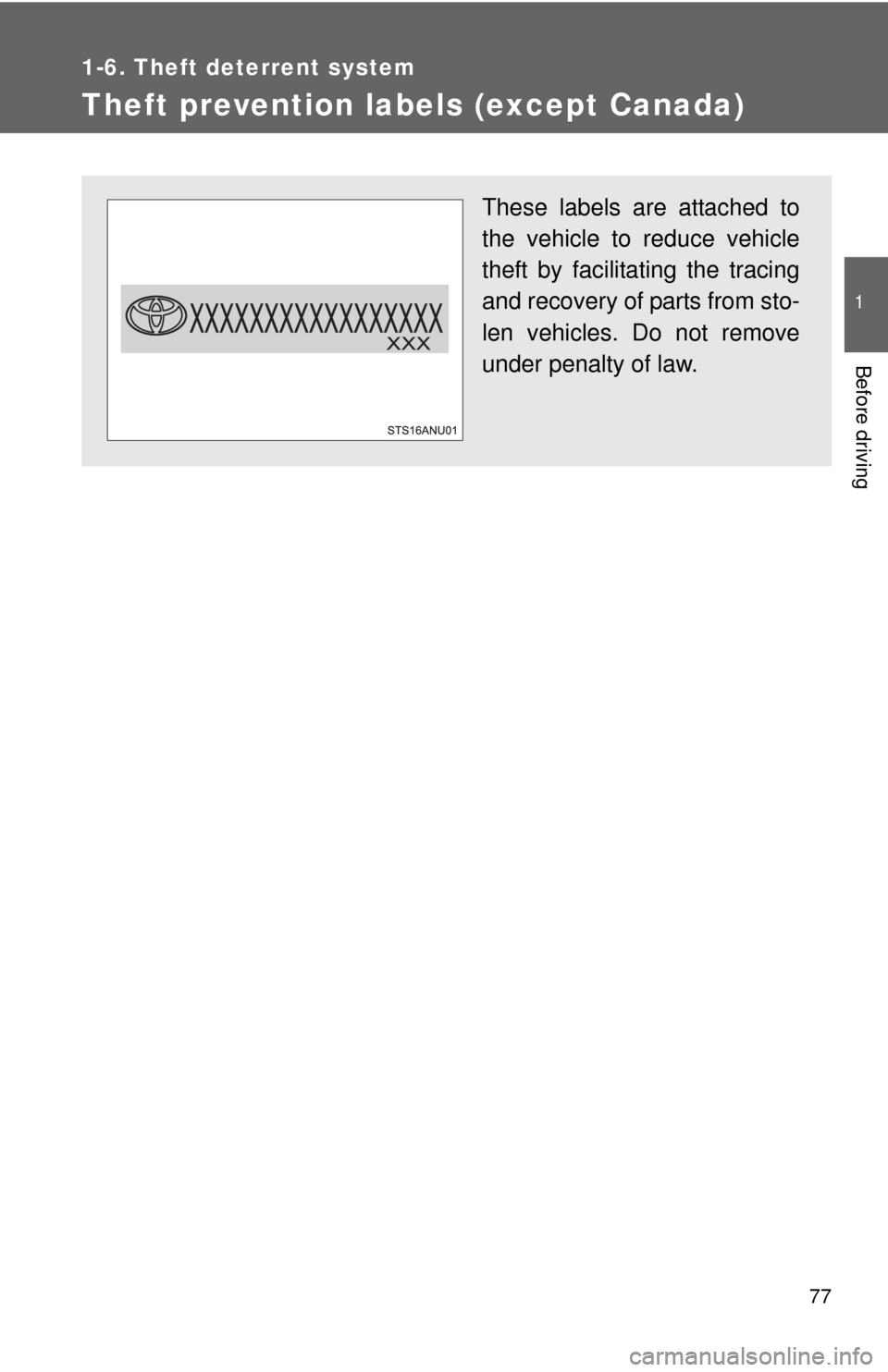 TOYOTA YARIS 2013 3.G Owners Manual 77
1
1-6. Theft deterrent system
Before driving
Theft prevention labels (except Canada)
These labels are attached to
the vehicle to reduce vehicle
theft by facilitating the tracing
and recovery of par