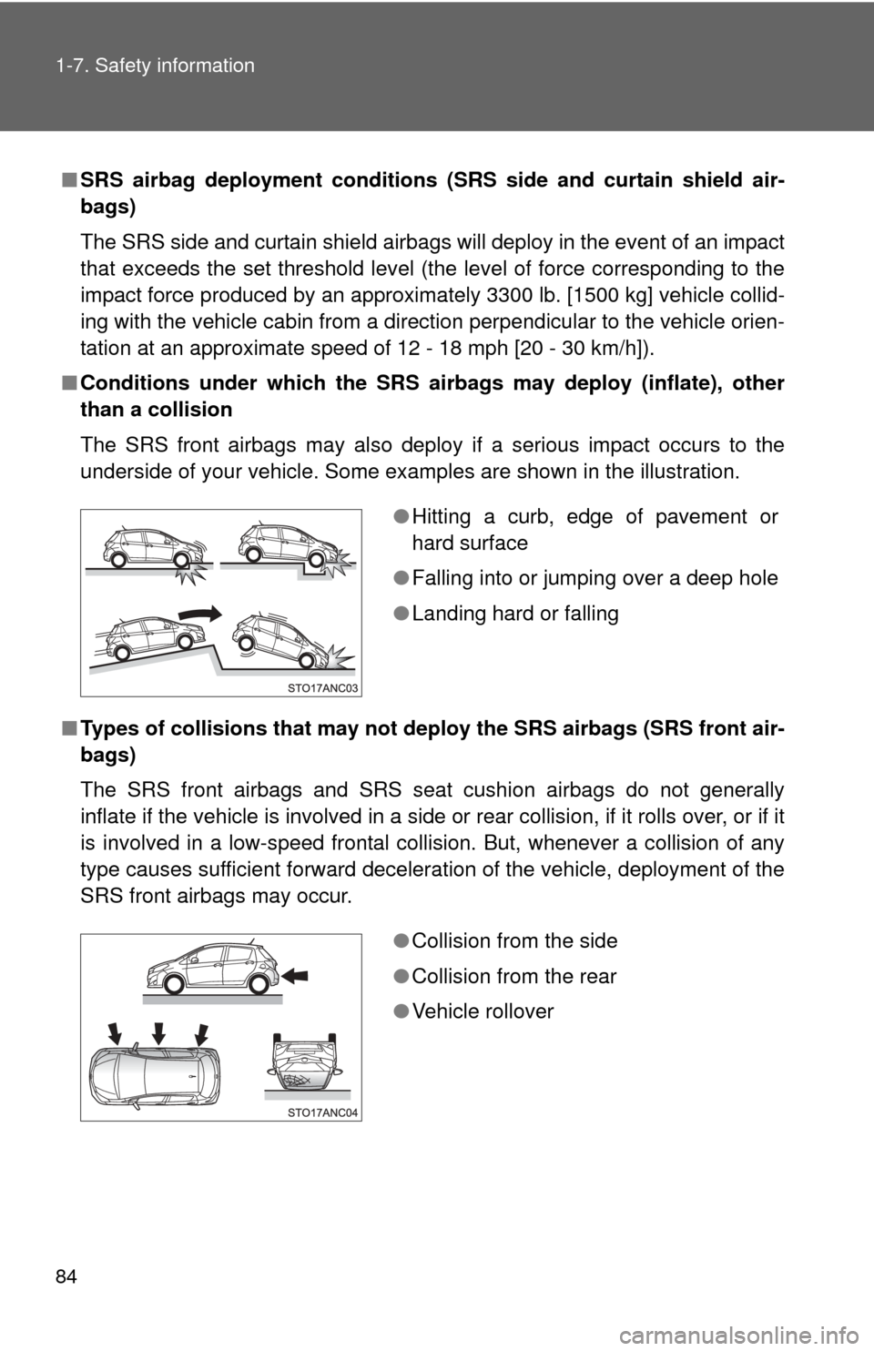TOYOTA YARIS 2013 3.G Owners Manual 84 1-7. Safety information
■SRS airbag deployment conditions (S RS side and curtain shield air-
bags)
The SRS side and curtain shield airbags will deploy in the event of an impact
that exceeds the s TOYOTA YARIS 2013 3.G Owners Manual 84 1-7. Safety information
■SRS airbag deployment conditions (S RS side and curtain shield air-
bags)
The SRS side and curtain shield airbags will deploy in the event of an impact
that exceeds the s