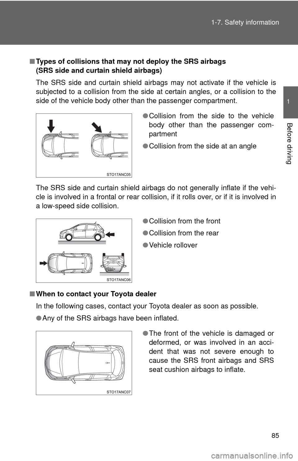 TOYOTA YARIS 2013 3.G Owners Manual 85
1-7. Safety information
1
Before driving
■
Types of collisions that may not deploy the SRS airbags
(SRS side and curtain shield airbags)
The SRS side and curtain shield airbags may not activate TOYOTA YARIS 2013 3.G Owners Manual 85
1-7. Safety information
1
Before driving
■
Types of collisions that may not deploy the SRS airbags
(SRS side and curtain shield airbags)
The SRS side and curtain shield airbags may not activate