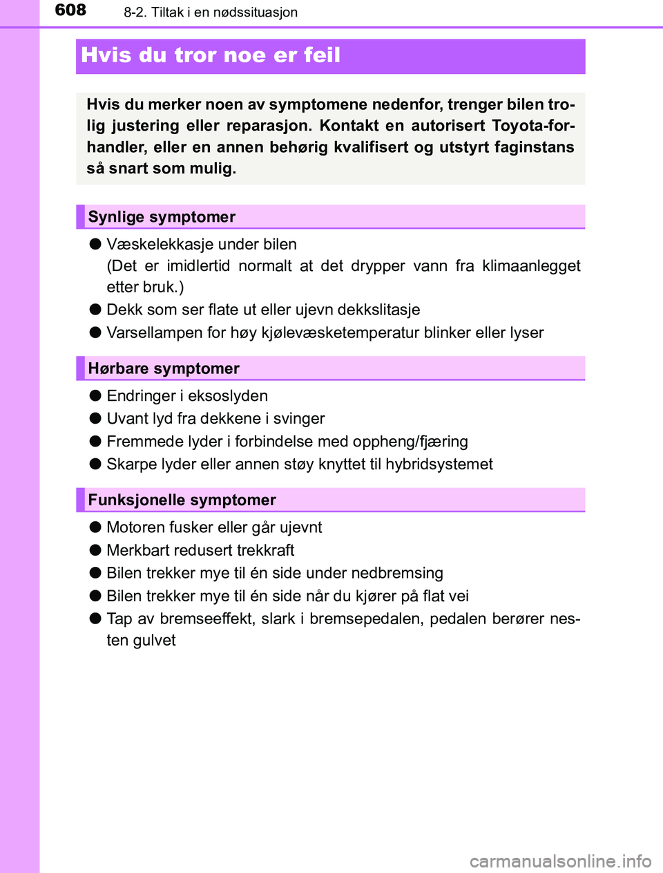 TOYOTA PRIUS PLUG-IN HYBRID 2017 Instruksjoner for bruk (in Norwegian) 6088-2. Tiltak i en nødssituasjon
OM47A89NO
Hvis du tror noe er feil
lVæskelekkasje under bilen
(Det er imidlertid normalt at det drypper vann fra klimaanlegget
etter bruk.)
l Dekk som ser flate ut TOYOTA PRIUS PLUG-IN HYBRID 2017 Instruksjoner for bruk (in Norwegian) 6088-2. Tiltak i en nødssituasjon
OM47A89NO
Hvis du tror noe er feil
lVæskelekkasje under bilen
(Det er imidlertid normalt at det drypper vann fra klimaanlegget
etter bruk.)
l Dekk som ser flate ut