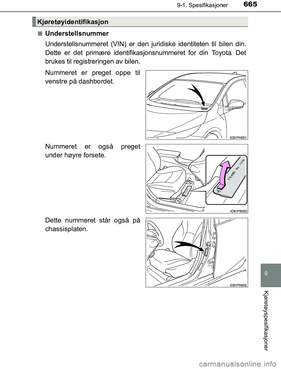 TOYOTA PRIUS PLUG-IN HYBRID 2017  Instruksjoner for bruk (in Norwegian) 6659-1. Spesifikasjoner
OM47A89NO
9
Kjøretøyspesifikasjoner
nUnderstellsnummer
Understellsnummeret (VIN) er den juridiske identiteten til bilen din.
Dette er det primære identifikasjonsnummeret for