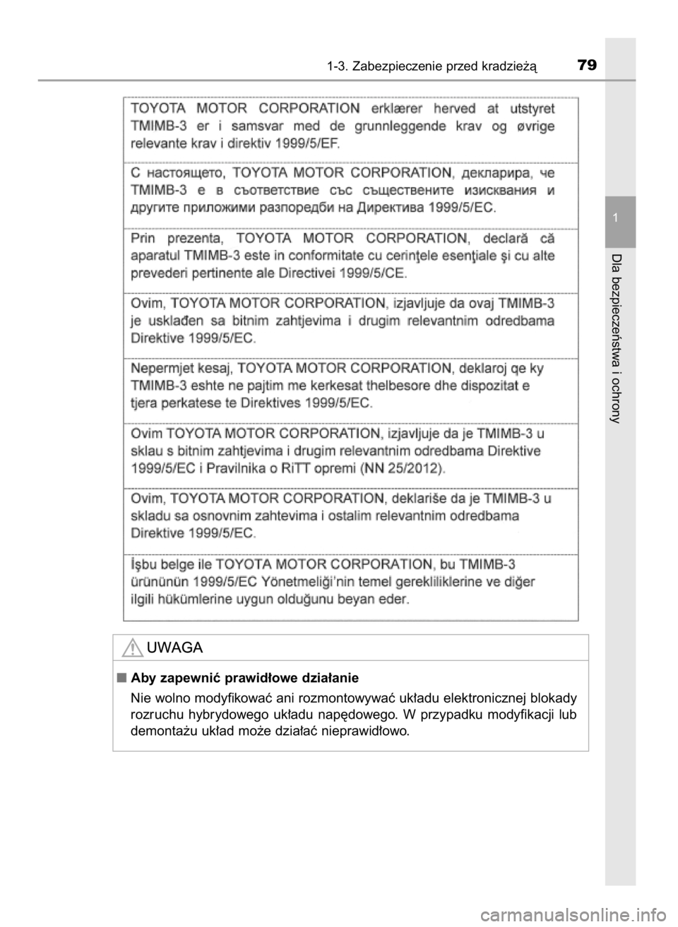 TOYOTA PRIUS PLUG-IN HYBRID 2017  Instrukcja obsługi (in Polish) 1-3. Zabezpieczenie przed kradzie˝à79
1
Dla bezpieczeƒstwa i ochrony
Aby zapewniç prawid∏owe dzia∏anie
Nie wolno modyfikowaç ani rozmontowywaç uk∏adu elektronicznej blokady
rozruchu  hybr