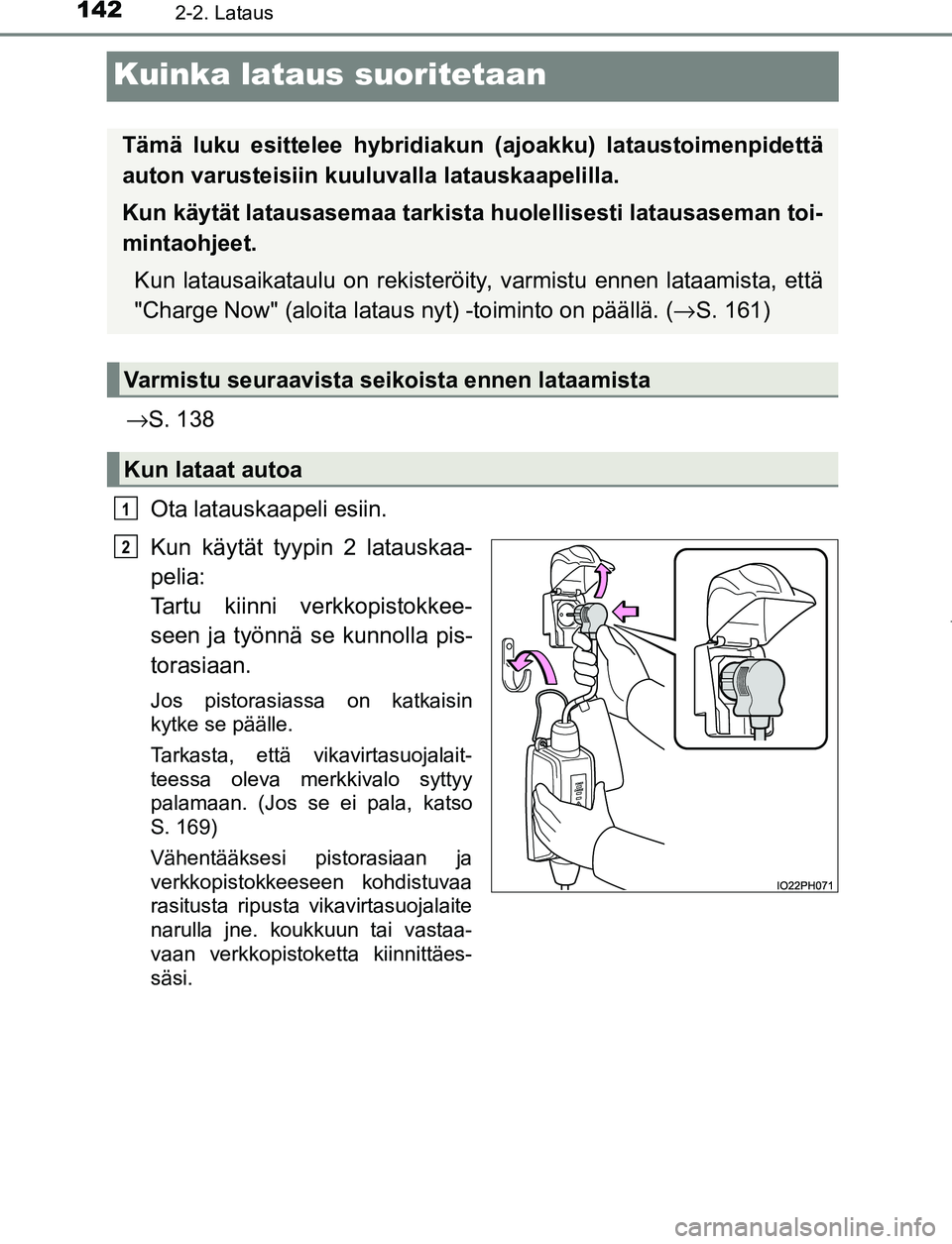 TOYOTA PRIUS PLUG-IN HYBRID 2017  Omistajan Käsikirja (in Finnish) 1422-2. Lataus
OM47A89FI
Kuinka lataus suoritetaan
→S. 138
Ota latauskaapeli esiin.
Kun käytät tyypin 2 latauskaa-
pelia: 
Tartu kiinni verkkopistokkee-
seen ja työnnä se kunnolla pis-
torasiaan