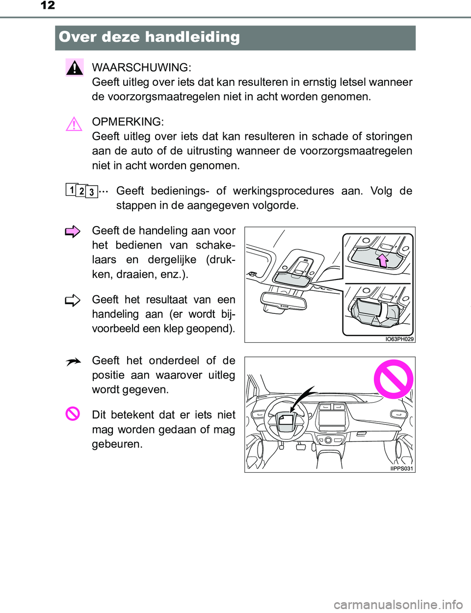TOYOTA PRIUS PLUG-IN HYBRID 2016  Instructieboekje (in Dutch) 12
PRIUS PHV_OM_OM47A89E_(EE)
Over deze handleiding
WAARSCHUWING: 
Geeft uitleg over iets dat kan resulteren in ernstig letsel wanneer
de voorzorgsmaatregelen niet in acht worden genomen.
OPMERKING: 
