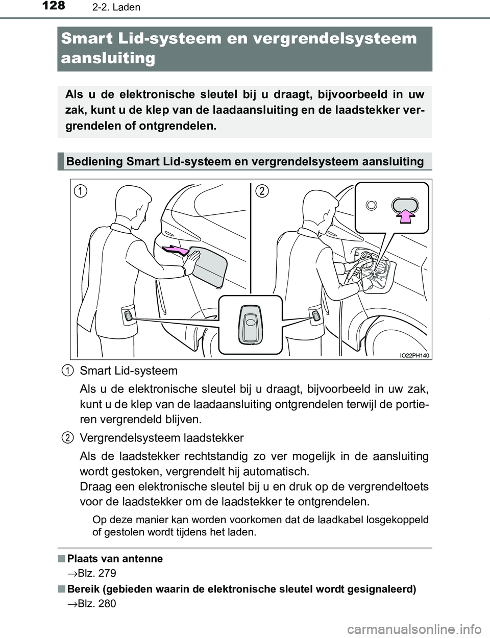 TOYOTA PRIUS PLUG-IN HYBRID 2016 Instructieboekje (in Dutch) 1282-2. Laden
PRIUS PHV_OM_OM47A89E_(EE)
Smart Lid-systeem en vergrendelsysteem
aansluiting
Smart Lid-systeem
Als u de elektronische sleutel bij u draagt, bijvoorbeeld in uw zak,
kunt u de TOYOTA PRIUS PLUG-IN HYBRID 2016 Instructieboekje (in Dutch) 1282-2. Laden
PRIUS PHV_OM_OM47A89E_(EE)
Smart Lid-systeem en vergrendelsysteem
aansluiting
Smart Lid-systeem
Als u de elektronische sleutel bij u draagt, bijvoorbeeld in uw zak,
kunt u de