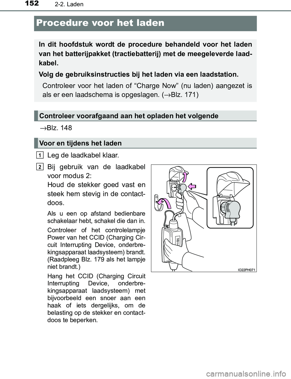 TOYOTA PRIUS PLUG-IN HYBRID 2016  Instructieboekje (in Dutch) 1522-2. Laden
PRIUS PHV_OM_OM47A89E_(EE)
Procedure voor het laden
→Blz. 148
Leg de laadkabel klaar.
Bij  gebruik  van  de  laadkabel
voor modus 2: 
Houd  de  stekker  goed  vast  en
steek  hem  stev