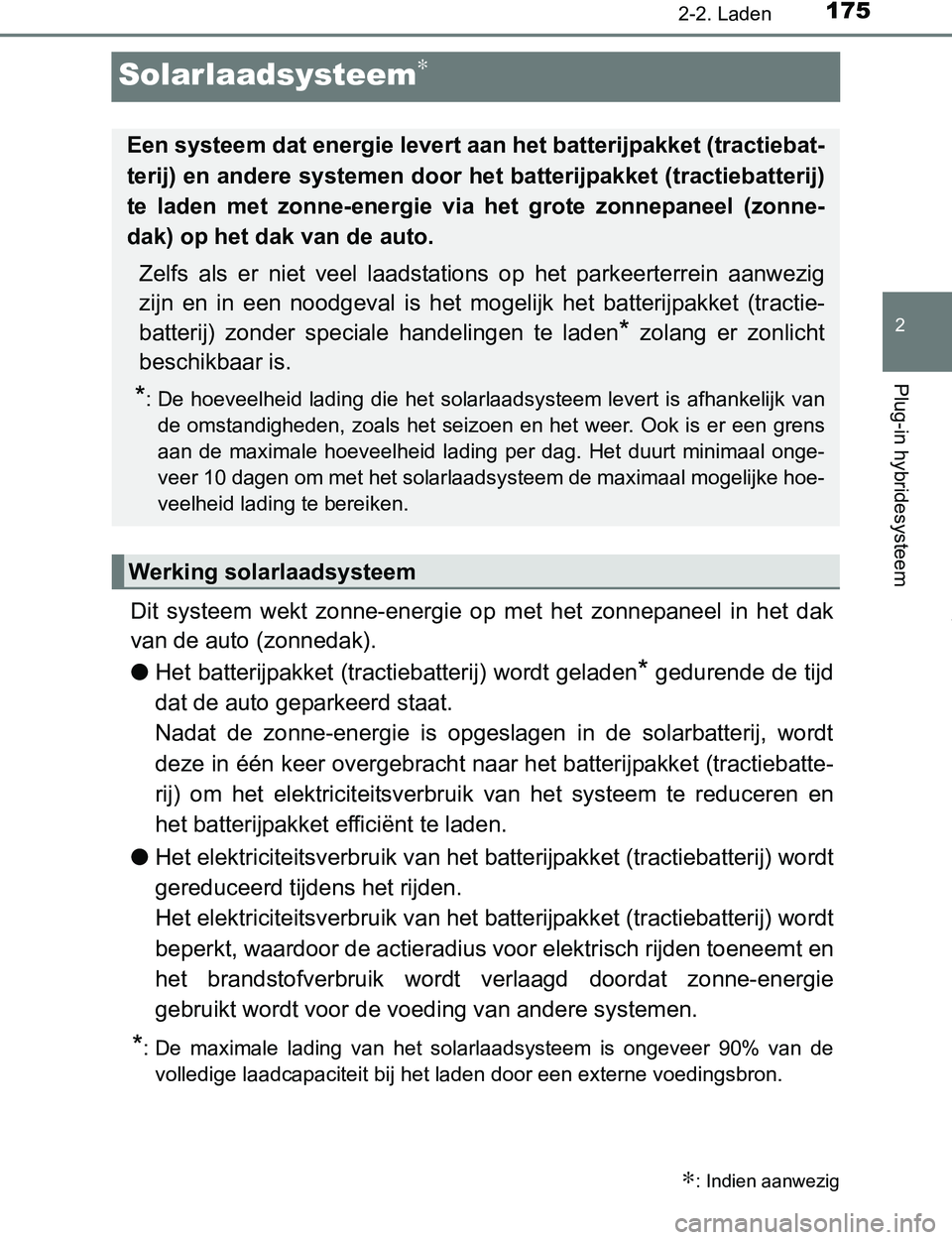 TOYOTA PRIUS PLUG-IN HYBRID 2016  Instructieboekje (in Dutch) 175
2
2-2. Laden
Plug-in hybridesysteem
PRIUS PHV_OM_OM47A89E_(EE)
Solarlaadsysteem∗
Dit  systeem  wekt  zonne-energie  op  met  het  zonnepaneel  in  het  dak
van de auto (zonnedak).
●Het batteri