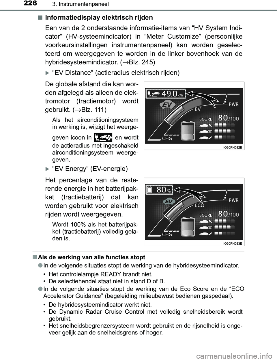TOYOTA PRIUS PLUG-IN HYBRID 2016 Instructieboekje (in Dutch) 2263. Instrumentenpaneel
PRIUS PHV_OM_OM47A89E_(EE)■
Informatiedisplay elektrisch rijden
Een van de 2 onderstaande informatie-items van “HV System Indi-
cator” (HV-systeemindicator) in “Met TOYOTA PRIUS PLUG-IN HYBRID 2016 Instructieboekje (in Dutch) 2263. Instrumentenpaneel
PRIUS PHV_OM_OM47A89E_(EE)■
Informatiedisplay elektrisch rijden
Een van de 2 onderstaande informatie-items van “HV System Indi-
cator” (HV-systeemindicator) in “Met