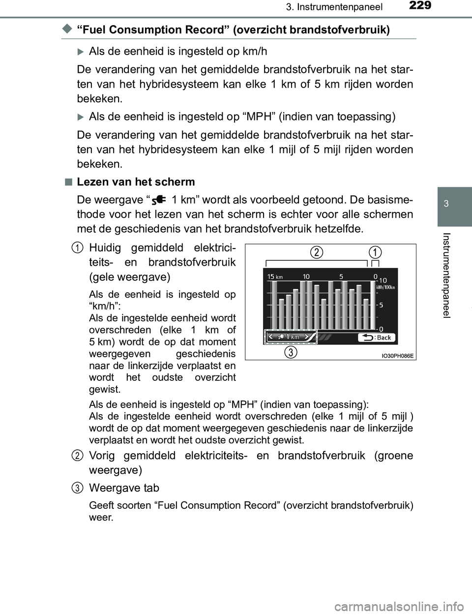 TOYOTA PRIUS PLUG-IN HYBRID 2016 Instructieboekje (in Dutch) 2293. Instrumentenpaneel
3
Instrumentenpaneel
PRIUS PHV_OM_OM47A89E_(EE)
◆“Fuel Consumption Record” (overzicht brandstofverbruik)
Als de eenheid is ingesteld op km/h
De verandering van het TOYOTA PRIUS PLUG-IN HYBRID 2016 Instructieboekje (in Dutch) 2293. Instrumentenpaneel
3
Instrumentenpaneel
PRIUS PHV_OM_OM47A89E_(EE)
◆“Fuel Consumption Record” (overzicht brandstofverbruik)
Als de eenheid is ingesteld op km/h
De verandering van het
