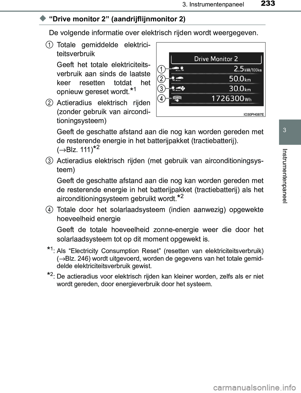 TOYOTA PRIUS PLUG-IN HYBRID 2016 Instructieboekje (in Dutch) 2333. Instrumentenpaneel
3
Instrumentenpaneel
PRIUS PHV_OM_OM47A89E_(EE)
◆“Drive monitor 2” (aandrijflijnmonitor 2)
De volgende informatie over elektrisch rijden wordt weergegeven.
Totale gemid TOYOTA PRIUS PLUG-IN HYBRID 2016 Instructieboekje (in Dutch) 2333. Instrumentenpaneel
3
Instrumentenpaneel
PRIUS PHV_OM_OM47A89E_(EE)
◆“Drive monitor 2” (aandrijflijnmonitor 2)
De volgende informatie over elektrisch rijden wordt weergegeven.
Totale gemid