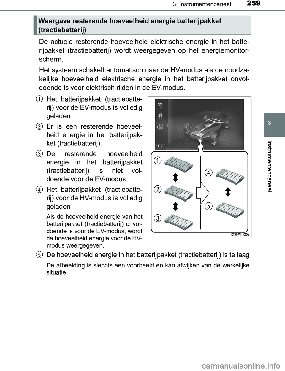 TOYOTA PRIUS PLUG-IN HYBRID 2016 Instructieboekje (in Dutch) 2593. Instrumentenpaneel
3
Instrumentenpaneel
PRIUS PHV_OM_OM47A89E_(EE)
De actuele resterende hoeveelheid elektrische energie in het batte-
rijpakket (tractiebatterij) wordt weergegeven op TOYOTA PRIUS PLUG-IN HYBRID 2016 Instructieboekje (in Dutch) 2593. Instrumentenpaneel
3
Instrumentenpaneel
PRIUS PHV_OM_OM47A89E_(EE)
De actuele resterende hoeveelheid elektrische energie in het batte-
rijpakket (tractiebatterij) wordt weergegeven op