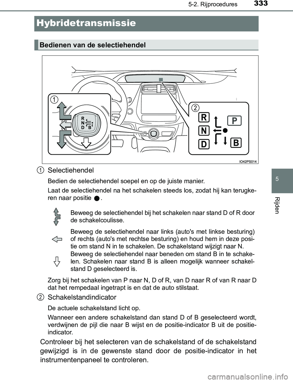 TOYOTA PRIUS PLUG-IN HYBRID 2016 Instructieboekje (in Dutch) 3335-2. Rijprocedures
PRIUS PHV_OM_OM47A89E_(EE)
5
Rijden
Hybridetransmissie
Selectiehendel
Bedien de selectiehendel soepel en op de juiste manier.
Laat de selectiehendel na het schakelen steeds los, TOYOTA PRIUS PLUG-IN HYBRID 2016 Instructieboekje (in Dutch) 3335-2. Rijprocedures
PRIUS PHV_OM_OM47A89E_(EE)
5
Rijden
Hybridetransmissie
Selectiehendel
Bedien de selectiehendel soepel en op de juiste manier.
Laat de selectiehendel na het schakelen steeds los,