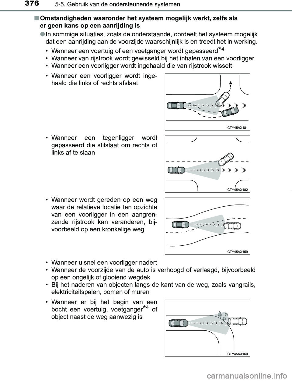 TOYOTA PRIUS PLUG-IN HYBRID 2016 Instructieboekje (in Dutch) 3765-5. Gebruik van de ondersteunende systemen
PRIUS PHV_OM_OM47A89E_(EE)■Omstandigheden waaronder het systeem mogelijk werkt, zelfs als
er geen kans op een aanrijding is
●In sommige situaties, z TOYOTA PRIUS PLUG-IN HYBRID 2016 Instructieboekje (in Dutch) 3765-5. Gebruik van de ondersteunende systemen
PRIUS PHV_OM_OM47A89E_(EE)■Omstandigheden waaronder het systeem mogelijk werkt, zelfs als
er geen kans op een aanrijding is
●In sommige situaties, z