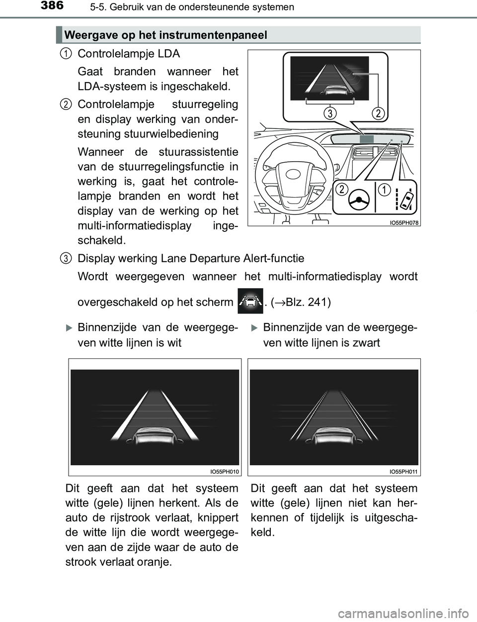 TOYOTA PRIUS PLUG-IN HYBRID 2016 Instructieboekje (in Dutch) 3865-5. Gebruik van de ondersteunende systemen
PRIUS PHV_OM_OM47A89E_(EE)
Controlelampje LDA
Gaat branden wanneer het
LDA-systeem is ingeschakeld.
Controlelampje stuurregeling
en display werking TOYOTA PRIUS PLUG-IN HYBRID 2016 Instructieboekje (in Dutch) 3865-5. Gebruik van de ondersteunende systemen
PRIUS PHV_OM_OM47A89E_(EE)
Controlelampje LDA
Gaat branden wanneer het
LDA-systeem is ingeschakeld.
Controlelampje stuurregeling
en display werking
