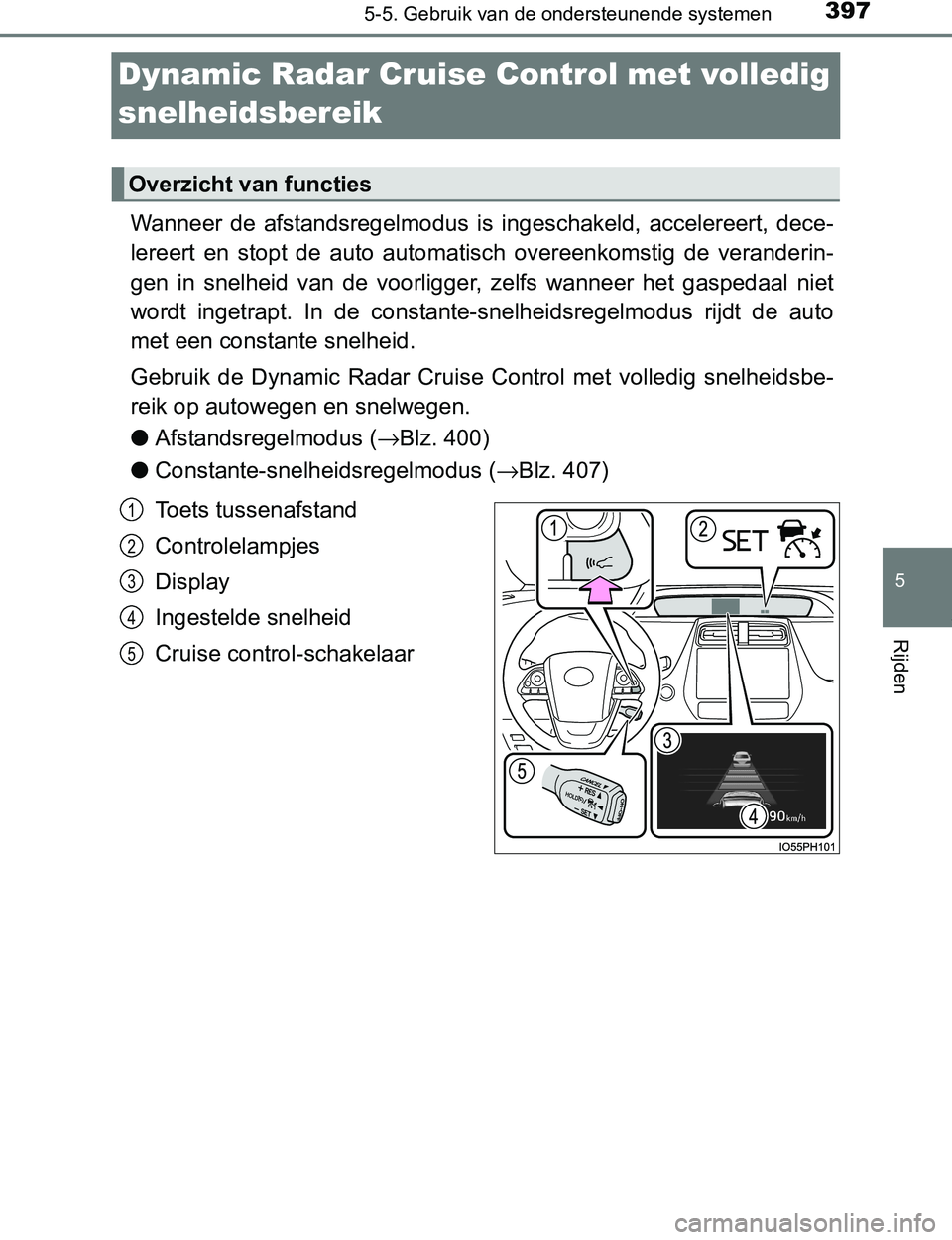 TOYOTA PRIUS PLUG-IN HYBRID 2016  Instructieboekje (in Dutch) 3975-5. Gebruik van de ondersteunende systemen
PRIUS PHV_OM_OM47A89E_(EE)
5
Rijden
Dynamic Radar Cruise Control met volledig 
snelheidsbereik
Wanneer  de  afstandsregelmodus  is  ingeschakeld,  accele