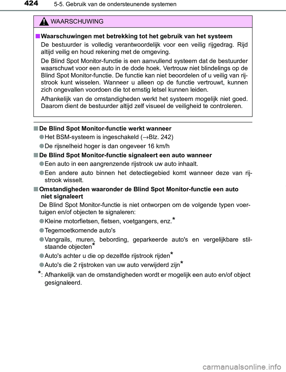 TOYOTA PRIUS PLUG-IN HYBRID 2016 Instructieboekje (in Dutch) 4245-5. Gebruik van de ondersteunende systemen
PRIUS PHV_OM_OM47A89E_(EE)
■De Blind Spot Monitor-functie werkt wanneer
●Het BSM-systeem is ingeschakeld (→Blz. 242)
●De rijsnelheid hoger is dan TOYOTA PRIUS PLUG-IN HYBRID 2016 Instructieboekje (in Dutch) 4245-5. Gebruik van de ondersteunende systemen
PRIUS PHV_OM_OM47A89E_(EE)
■De Blind Spot Monitor-functie werkt wanneer
●Het BSM-systeem is ingeschakeld (→Blz. 242)
●De rijsnelheid hoger is dan