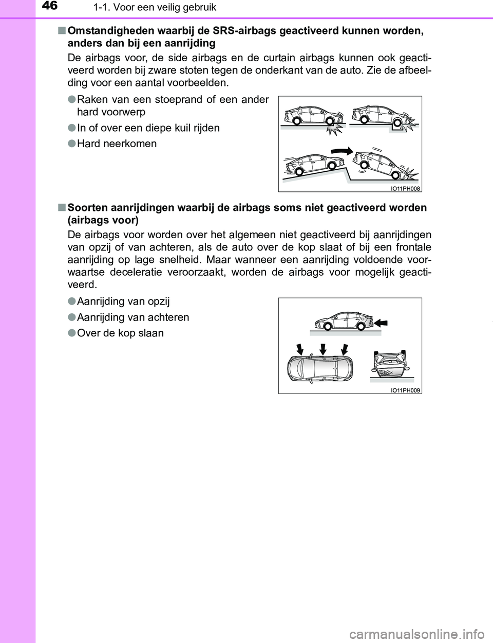 TOYOTA PRIUS PLUG-IN HYBRID 2016  Instructieboekje (in Dutch) 461-1. Voor een veilig gebruik
PRIUS PHV_OM_OM47A89E_(EE)■Omstandigheden waarbij de SRS-airbags geactiveerd kunnen worden, 
anders dan bij een aanrijding
De  airbags  voor,  de  side  airbags  en  d