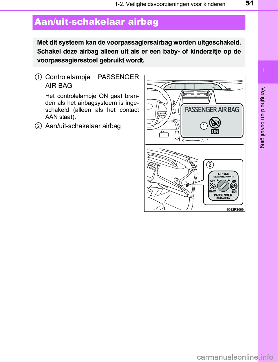 TOYOTA PRIUS PLUG-IN HYBRID 2016  Instructieboekje (in Dutch) 511-2. Veiligheidsvoorzieningen voor kinderen
1
Veiligheid en beveiliging
PRIUS PHV_OM_OM47A89E_(EE)
Aan/uit-schakelaar airbag
Controlelampje  PASSENGER
AIR BAG
Het  controlelampje  ON  gaat  bran-
de