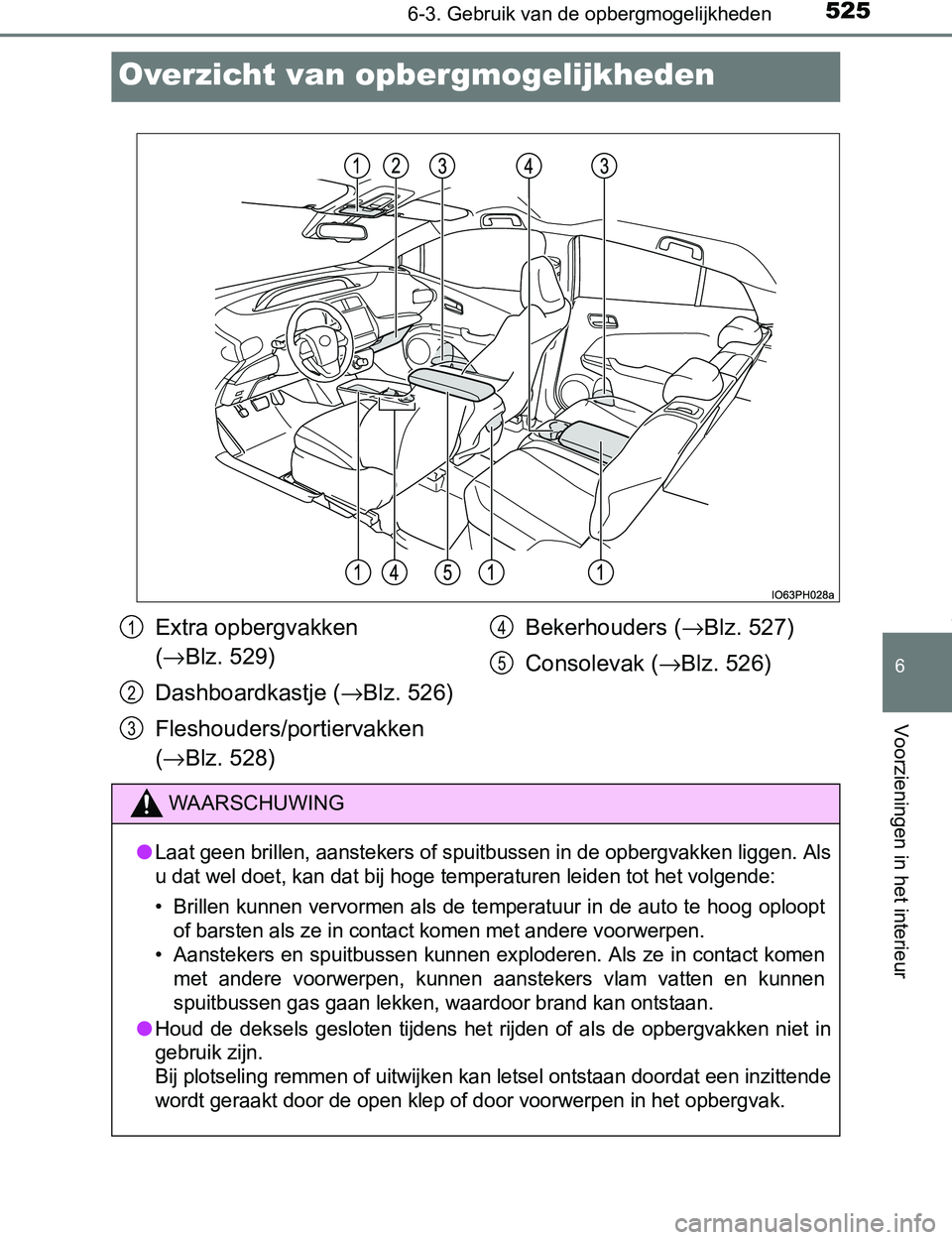 TOYOTA PRIUS PLUG-IN HYBRID 2016 Instructieboekje (in Dutch) 5256-3. Gebruik van de opbergmogelijkheden
PRIUS PHV_OM_OM47A89E_(EE)
6
Voorzieningen in het interieur
Overzicht van opbergmogelijkheden
Extra opbergvakken
(→Blz. 529)
Dashboardkastje (→Blz. 526) TOYOTA PRIUS PLUG-IN HYBRID 2016 Instructieboekje (in Dutch) 5256-3. Gebruik van de opbergmogelijkheden
PRIUS PHV_OM_OM47A89E_(EE)
6
Voorzieningen in het interieur
Overzicht van opbergmogelijkheden
Extra opbergvakken
(→Blz. 529)
Dashboardkastje (→Blz. 526)