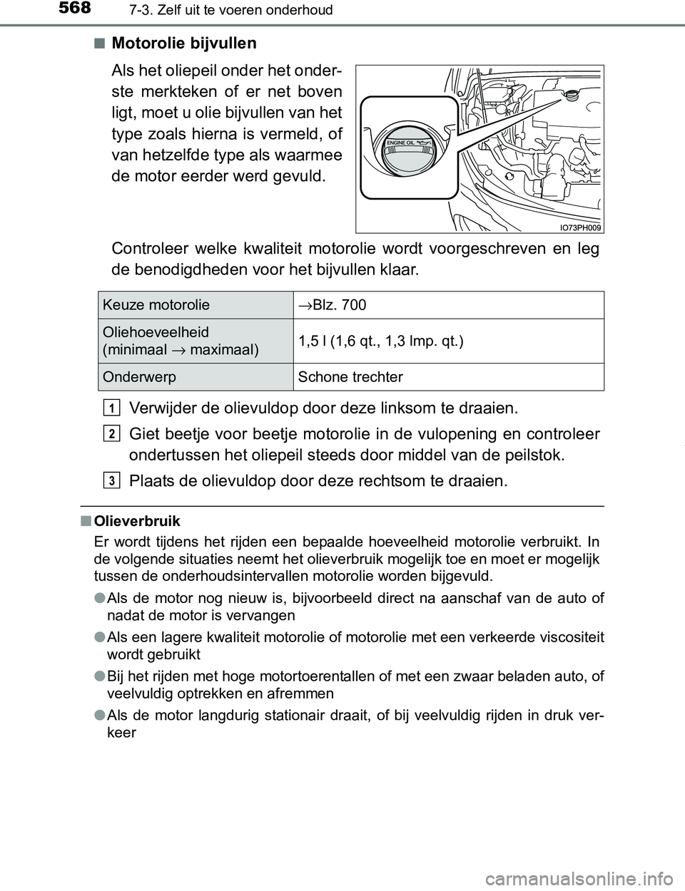 TOYOTA PRIUS PLUG-IN HYBRID 2016 Instructieboekje (in Dutch) 5687-3. Zelf uit te voeren onderhoud
PRIUS PHV_OM_OM47A89E_(EE)■
Motorolie bijvullen
Als het oliepeil onder het onder-
ste merkteken of er net boven
ligt, moet u olie bijvullen van het
type zo TOYOTA PRIUS PLUG-IN HYBRID 2016 Instructieboekje (in Dutch) 5687-3. Zelf uit te voeren onderhoud
PRIUS PHV_OM_OM47A89E_(EE)■
Motorolie bijvullen
Als het oliepeil onder het onder-
ste merkteken of er net boven
ligt, moet u olie bijvullen van het
type zo