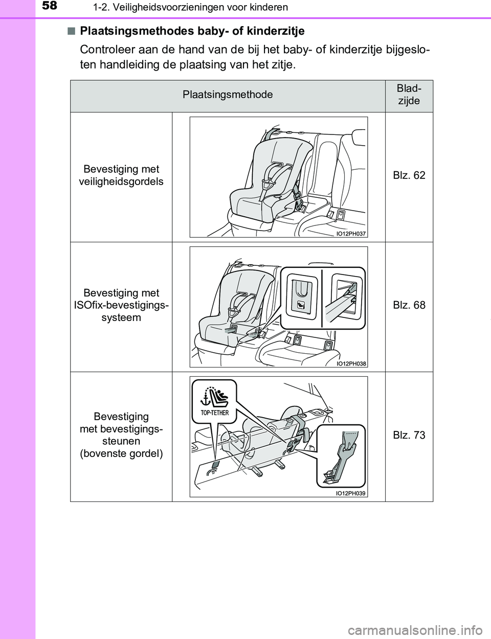 TOYOTA PRIUS PLUG-IN HYBRID 2016  Instructieboekje (in Dutch) 581-2. Veiligheidsvoorzieningen voor kinderen
PRIUS PHV_OM_OM47A89E_(EE)■
Plaatsingsmethodes baby- of kinderzitje
Controleer aan de hand van de bij het baby- of kinderzitje bijgeslo-
ten handleiding