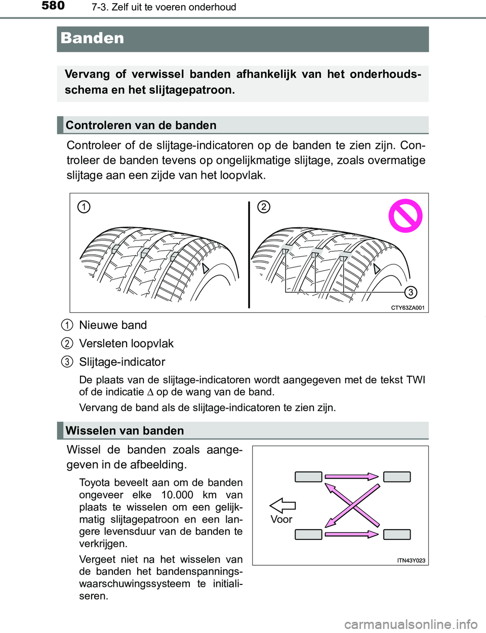 TOYOTA PRIUS PLUG-IN HYBRID 2016 Instructieboekje (in Dutch) 5807-3. Zelf uit te voeren onderhoud
PRIUS PHV_OM_OM47A89E_(EE)
Banden
Controleer of de slijtage-indicatoren op de banden te zien zijn. Con-
troleer de banden tevens op ongelijkmatige slijta TOYOTA PRIUS PLUG-IN HYBRID 2016 Instructieboekje (in Dutch) 5807-3. Zelf uit te voeren onderhoud
PRIUS PHV_OM_OM47A89E_(EE)
Banden
Controleer of de slijtage-indicatoren op de banden te zien zijn. Con-
troleer de banden tevens op ongelijkmatige slijta